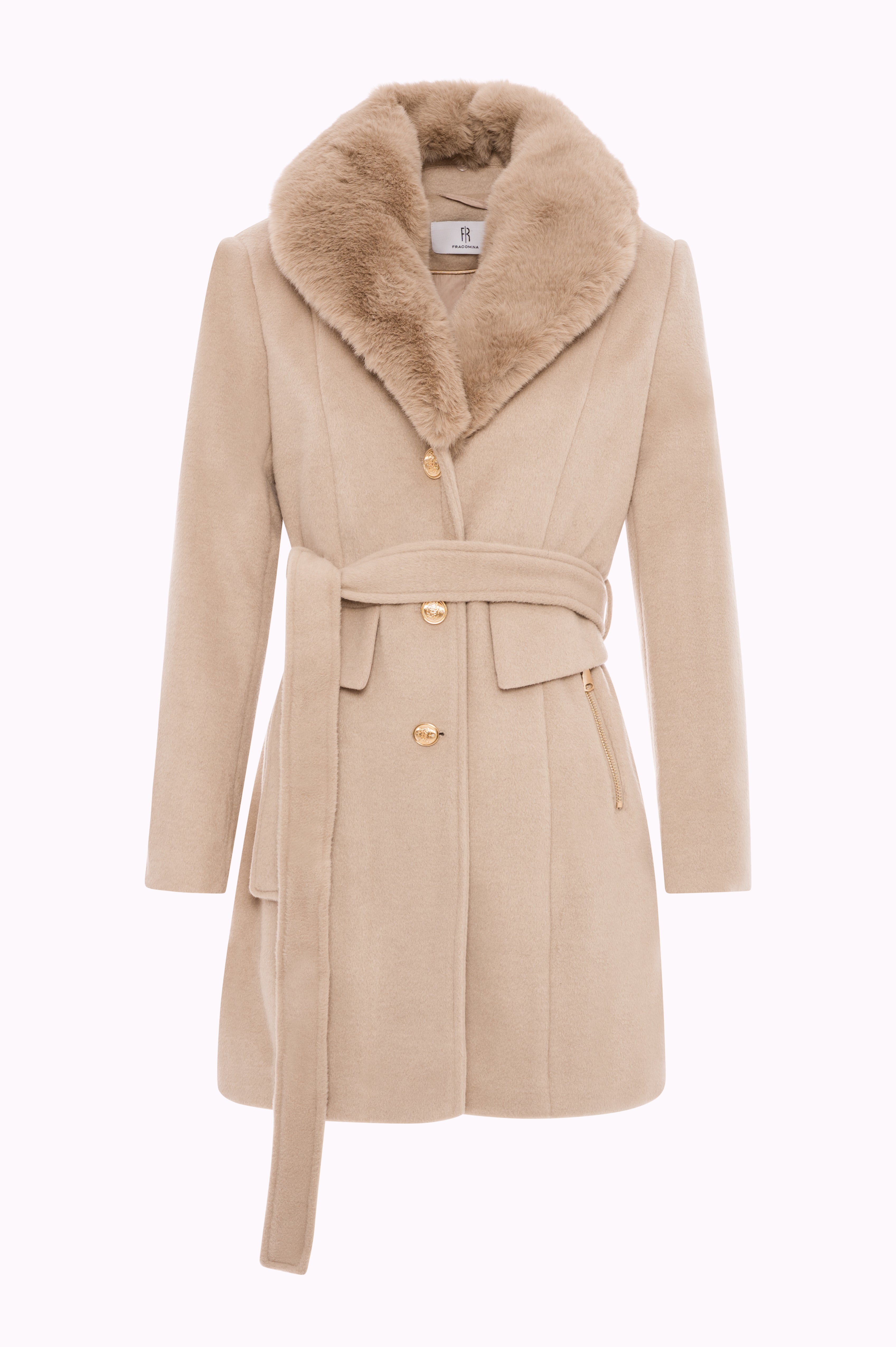 Short Coat with Faux Fur Collar and Belt Fracomina FI25WC1003W48601-C14FRONT_ec913033-6e9f-489e-aaa1-dc5e612a67c7