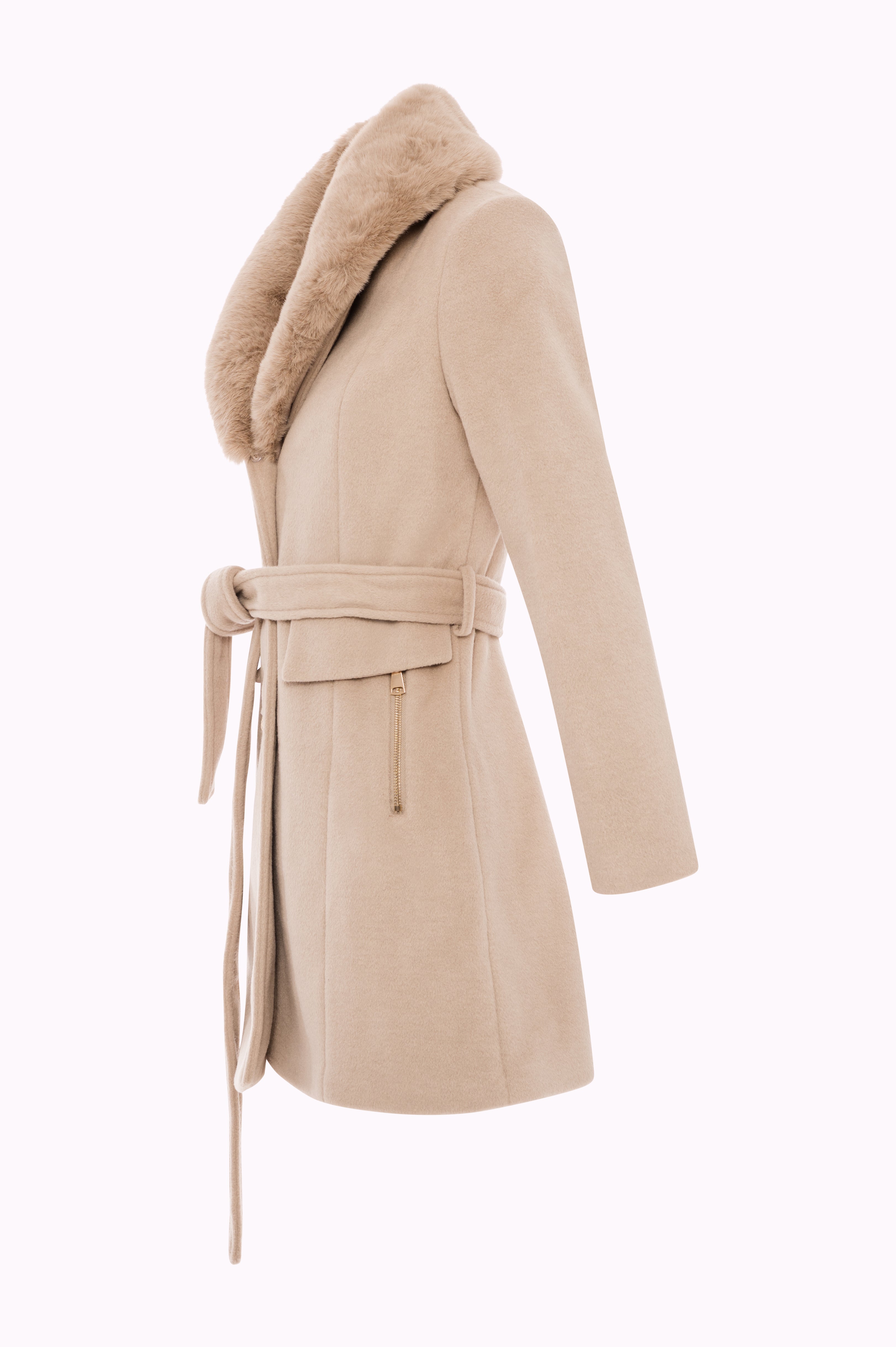 Short Coat with Faux Fur Collar and Belt Fracomina FI25WC1003W48601-C14SIDE_63559816-2528-4ae8-88e1-524fc0cbe476
