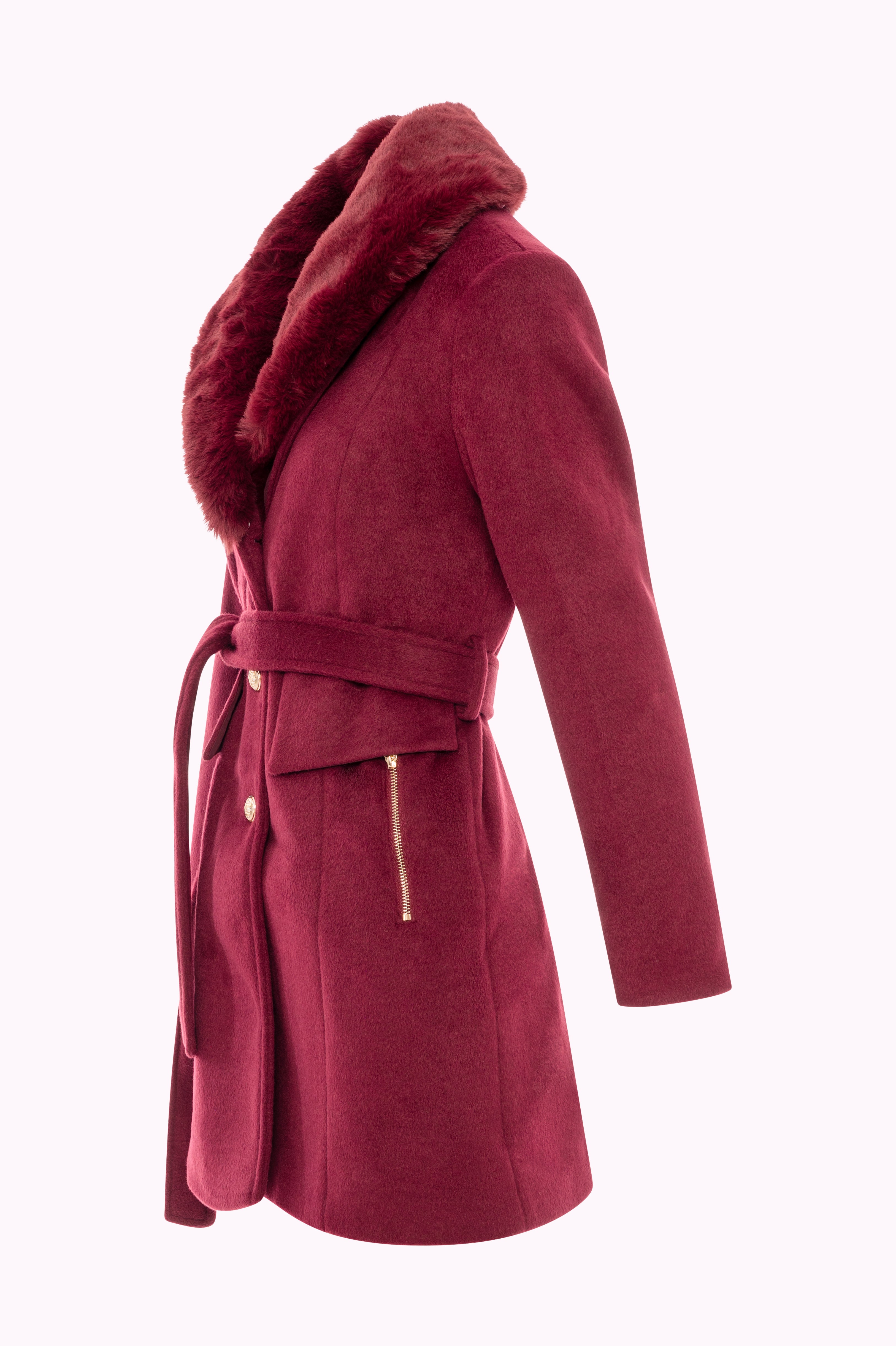 Short Coat with Faux Fur Collar and Belt Fracomina FI25WC1003W48601-H75SIDE_43ac3549-01ba-4be0-a1c3-97a052d39eeb