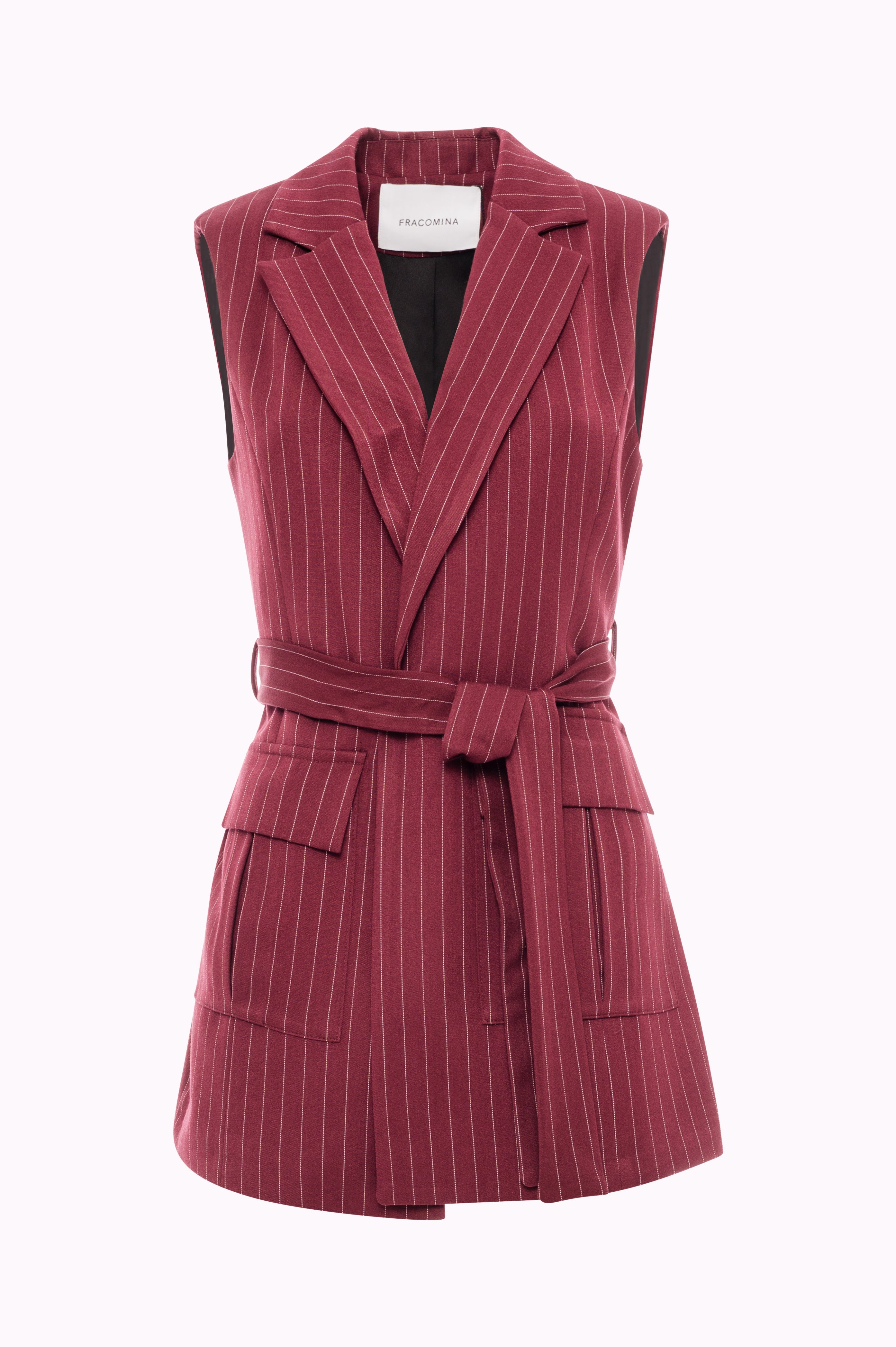 Long Pinstripe Vest with Lapels and Belt Fracomina FI25WJ3004W491D4-087FRONT