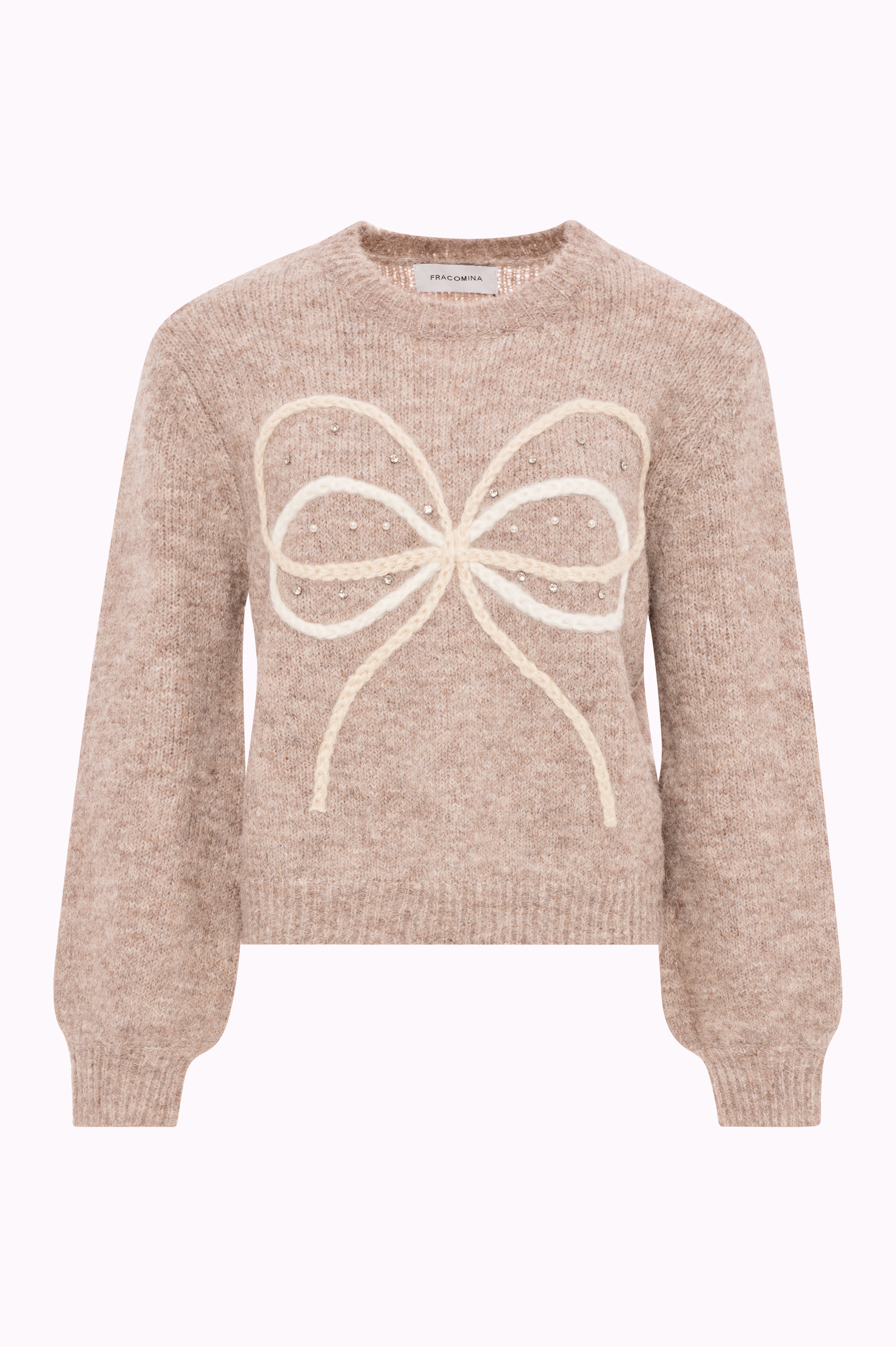 Fuzzy Crew Neck Sweater with Bow Detail and Rhinestones Fracomina FI25WT7003K56201-093FRONT