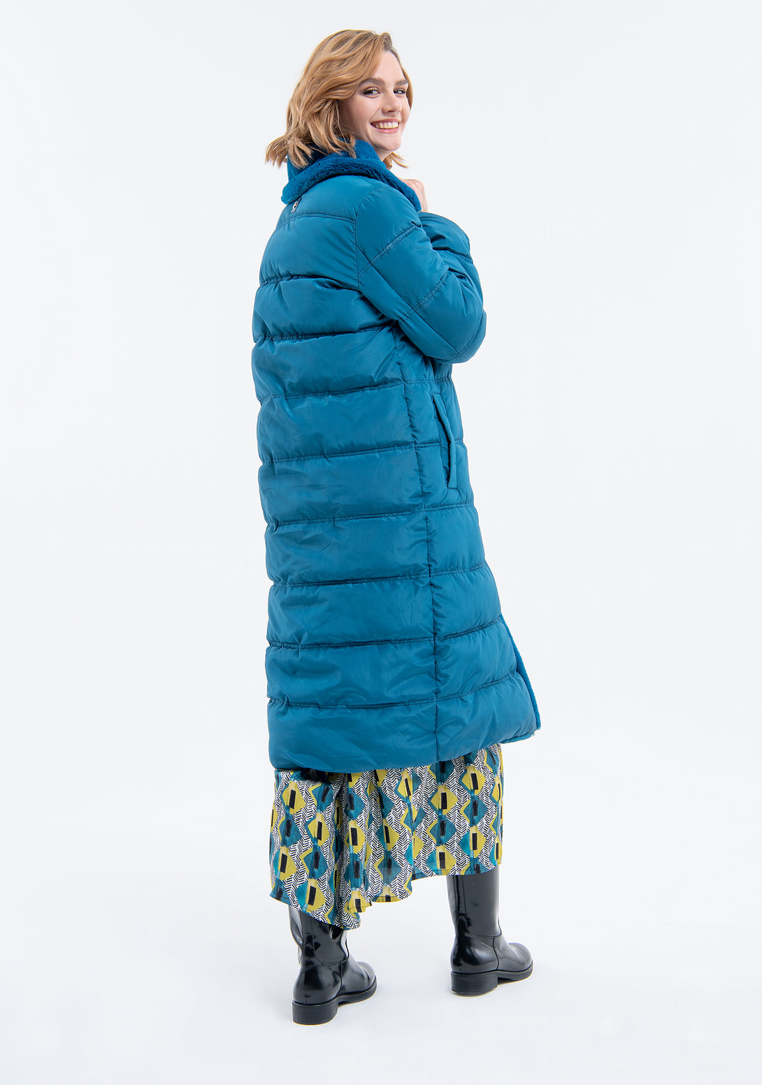 Long padded jacket double breasted with internal part made in eco fur Fracomina FJ23WC3002O42301-L53-3