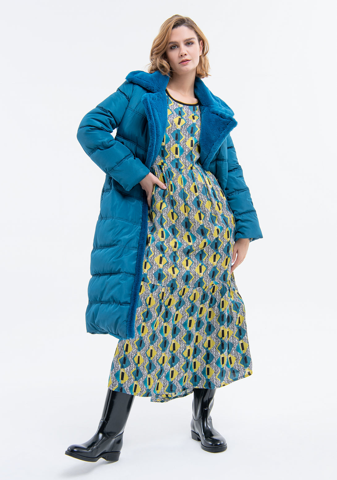 Long padded jacket double breasted with internal part made in eco fur Fracomina FJ23WC3002O42301-L53-4