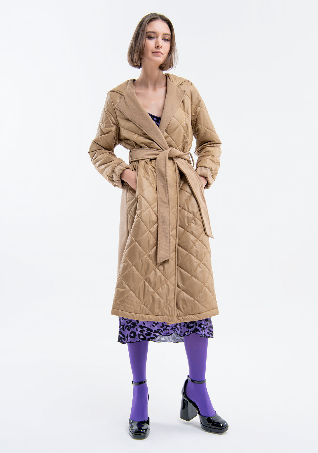 Long coat regular fit made in quilted nylon and textured fabric