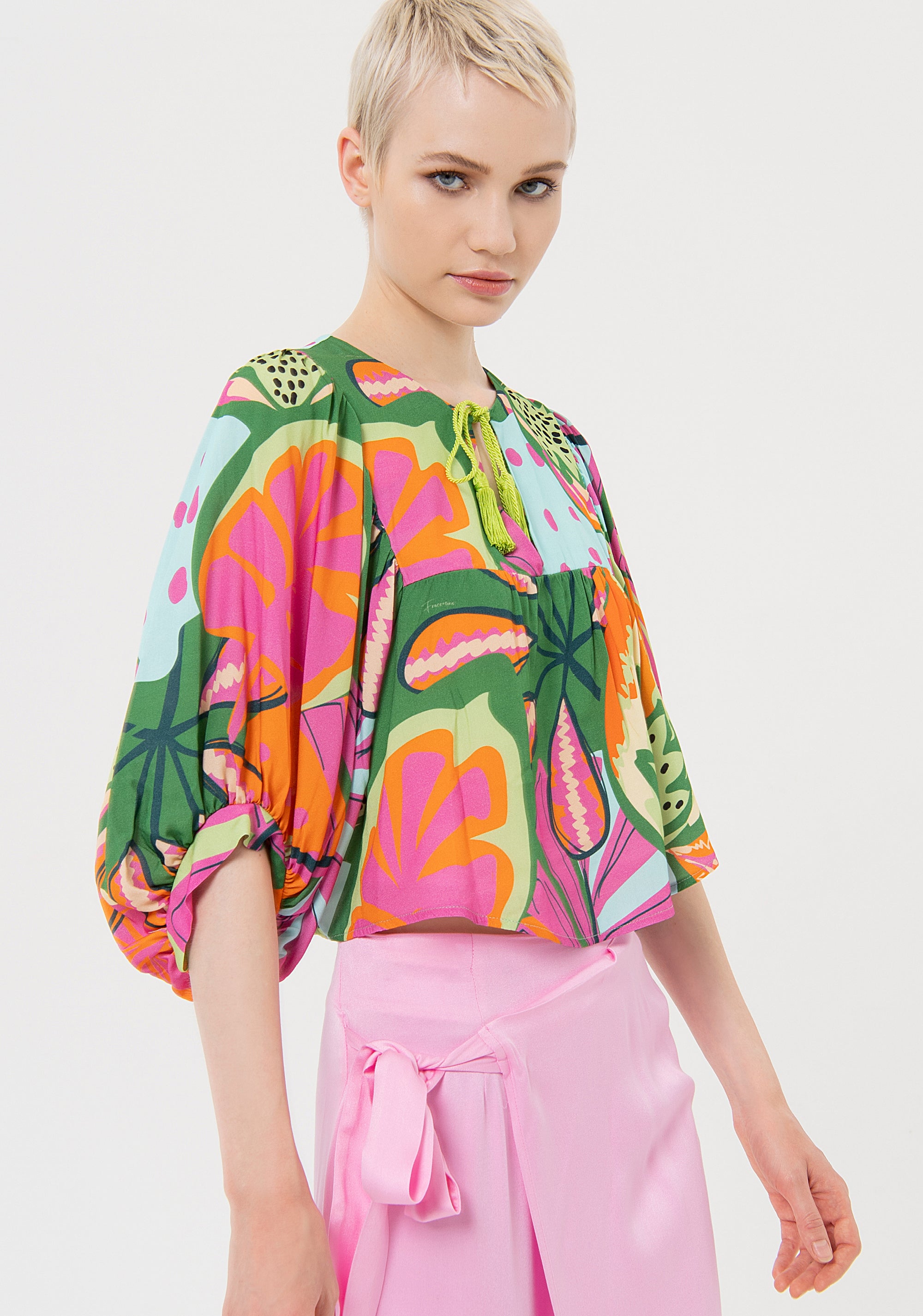 Short blouse wide fit with tropical pattern Fracomina FJ24ST1003W695N4-S44-1_9db0fdc8-9962-41ab-a04a-2264e6433d65