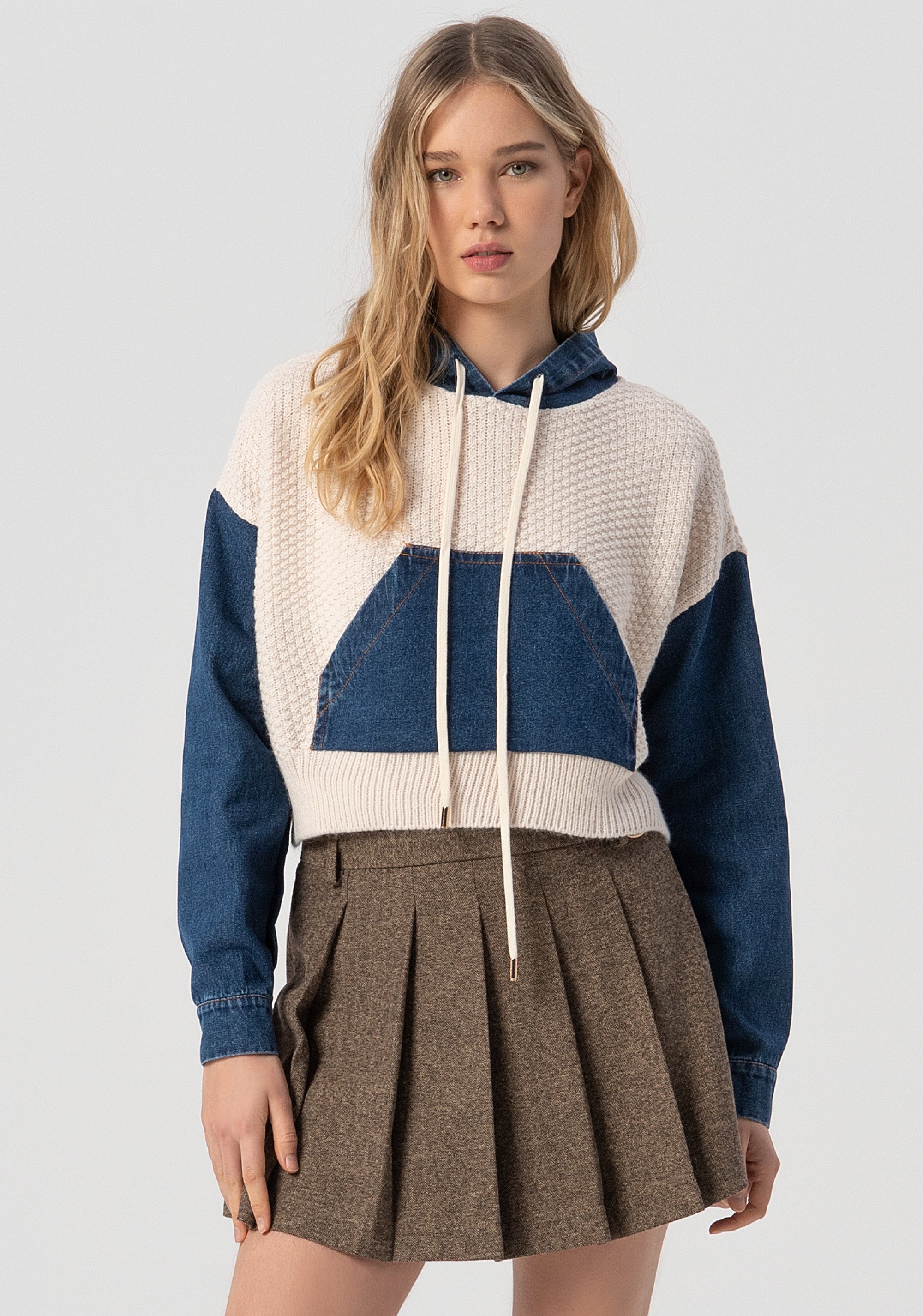 Knitwear over fit with hood made in denim Fracomina FJ25WT7017K47801-G19-1