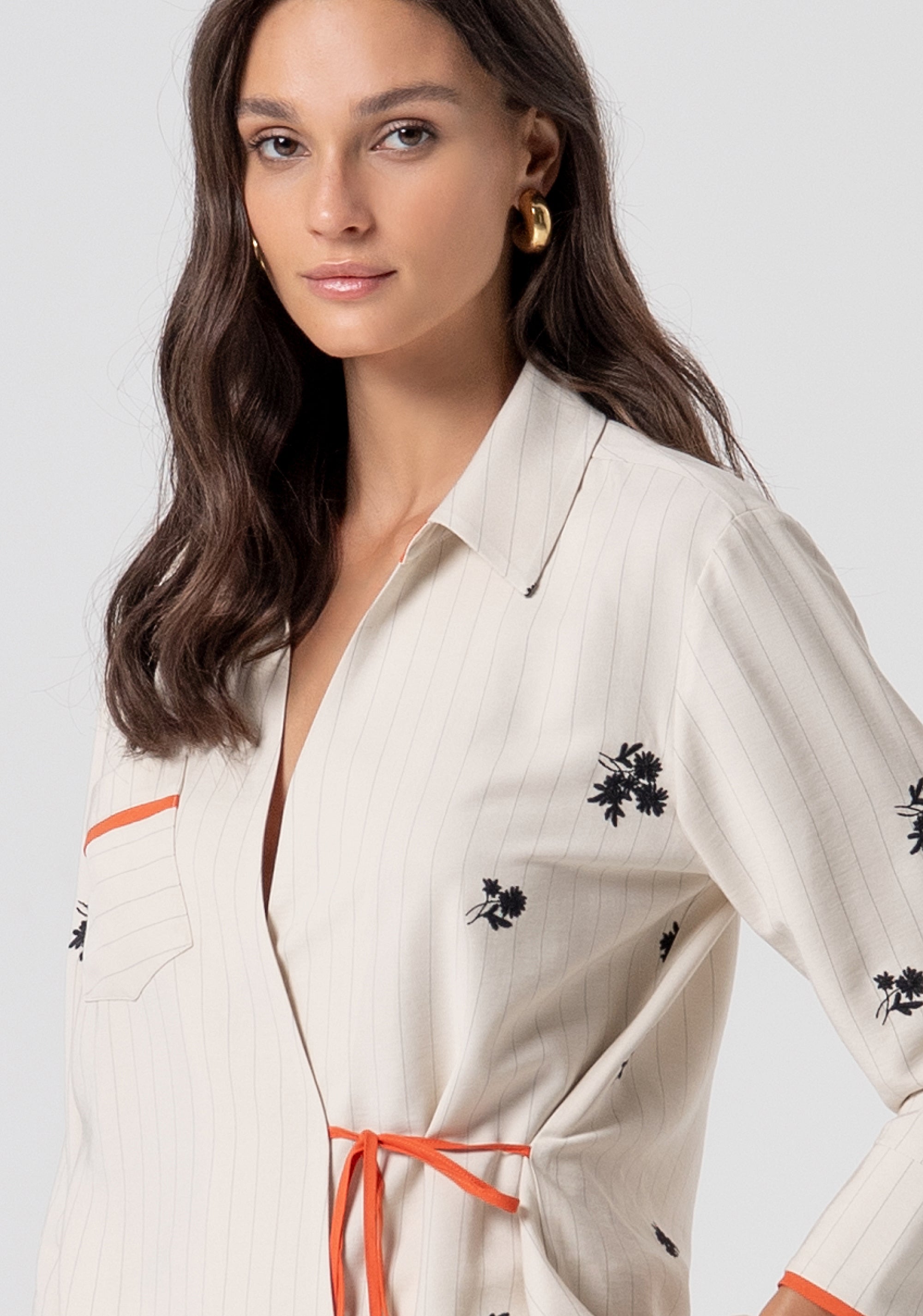Blouse regular fit made in pinstriped fabric with flowery embroideries Fracomina FJ26ST6005W426E5-790-2