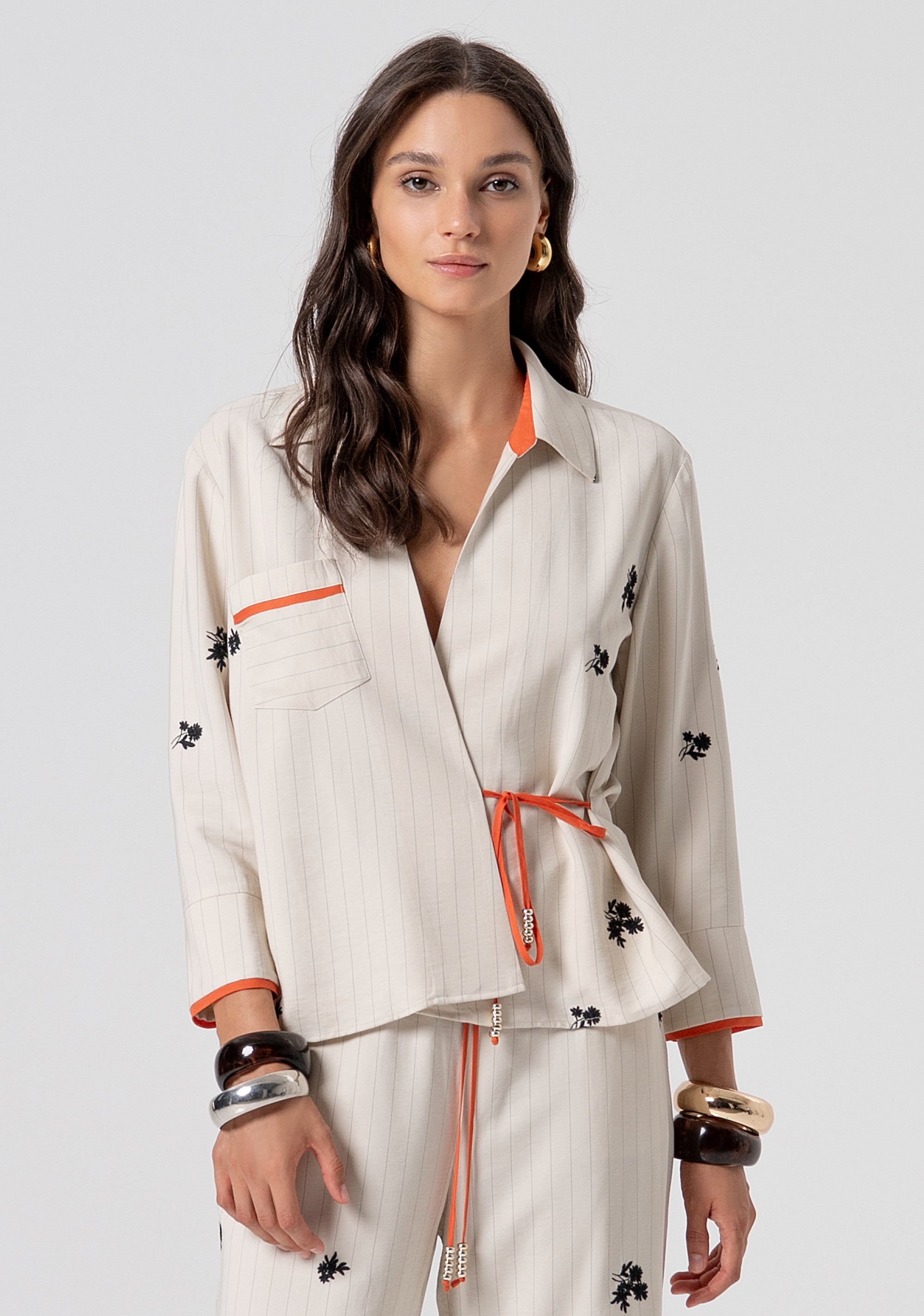 Blouse regular fit made in pinstriped fabric with flowery embroideries Fracomina FJ26ST6005W426E5-790