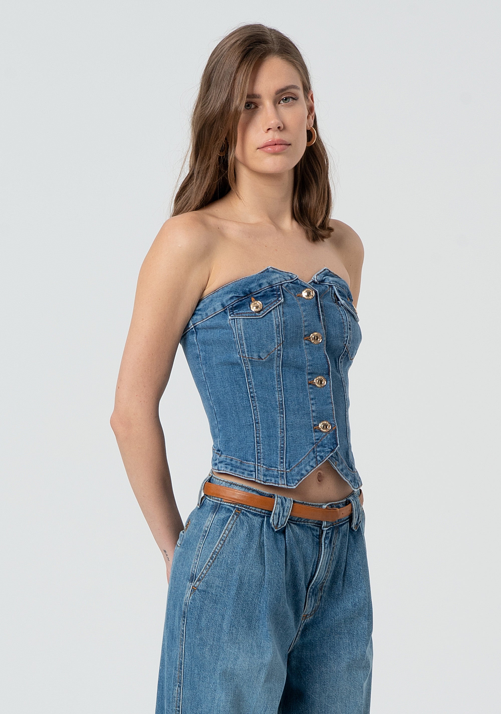 Bustier slim fit made in denim with middle wash Fracomina FP25SJ5020D46002-258-3_4cce3e14-320b-49b3-b2be-08fffa136b70