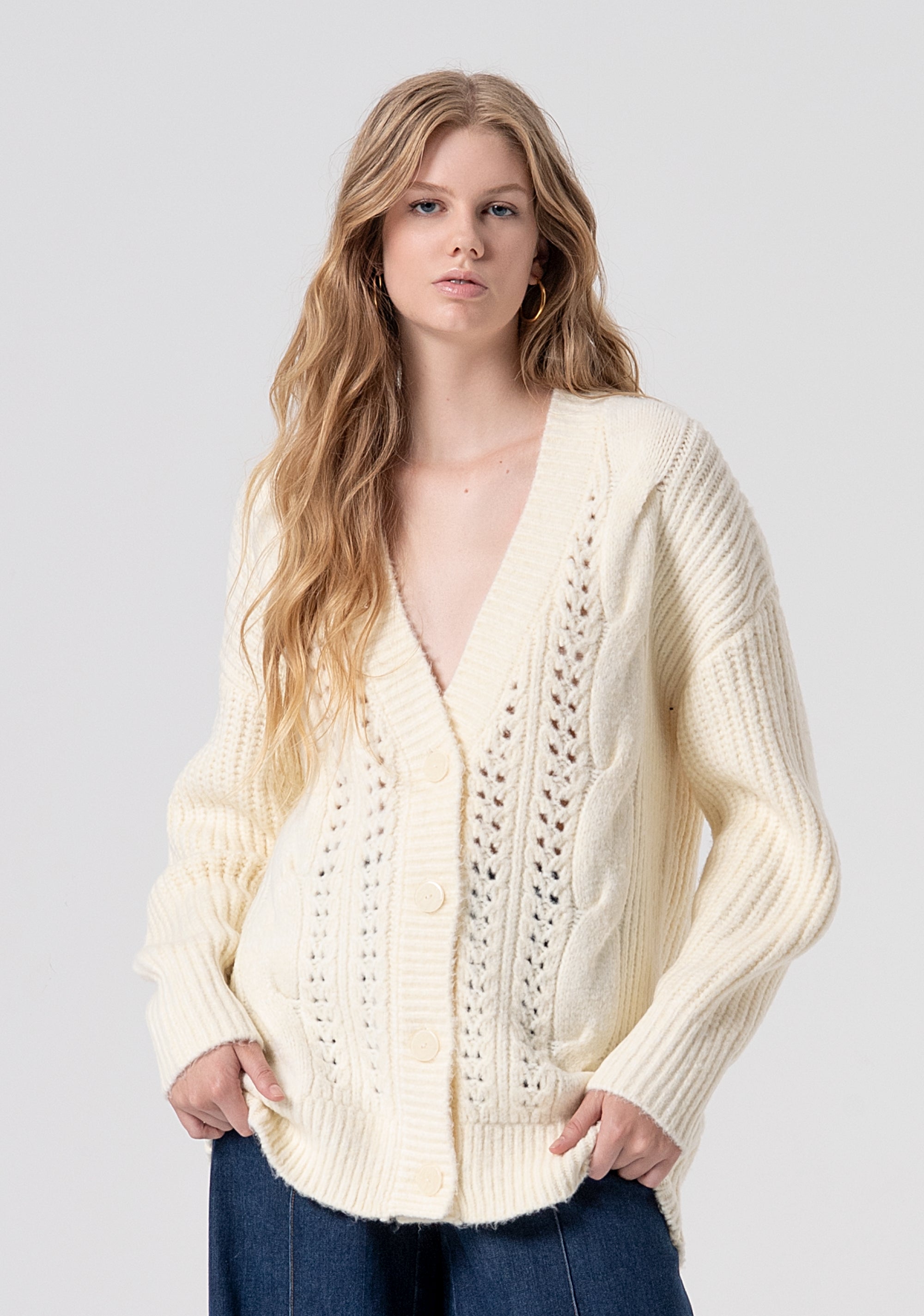 Cable Knit and Perforated Cardigan Fracomina FP25WT8035K55501-508