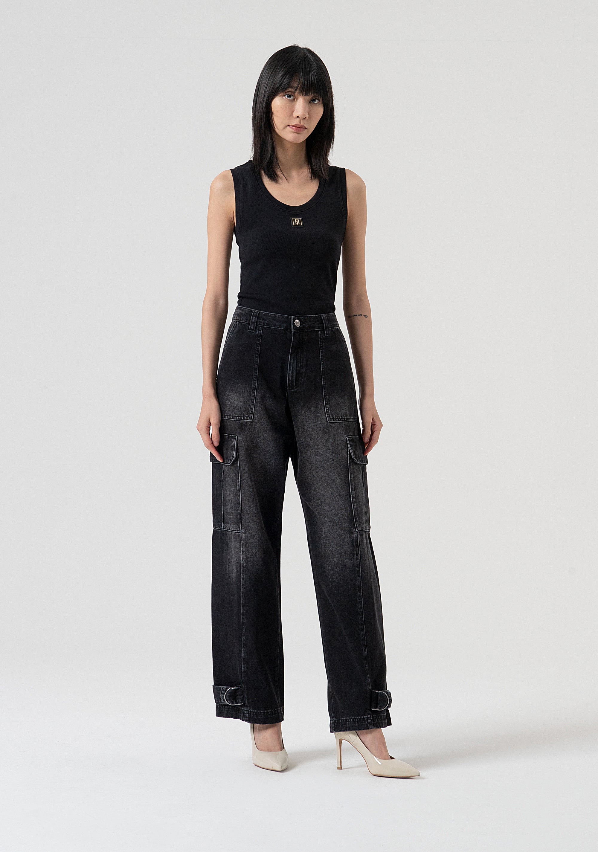 Jeans cargo made in black denim with dark wash Fracomina FP25WVC004D41904-H21-1