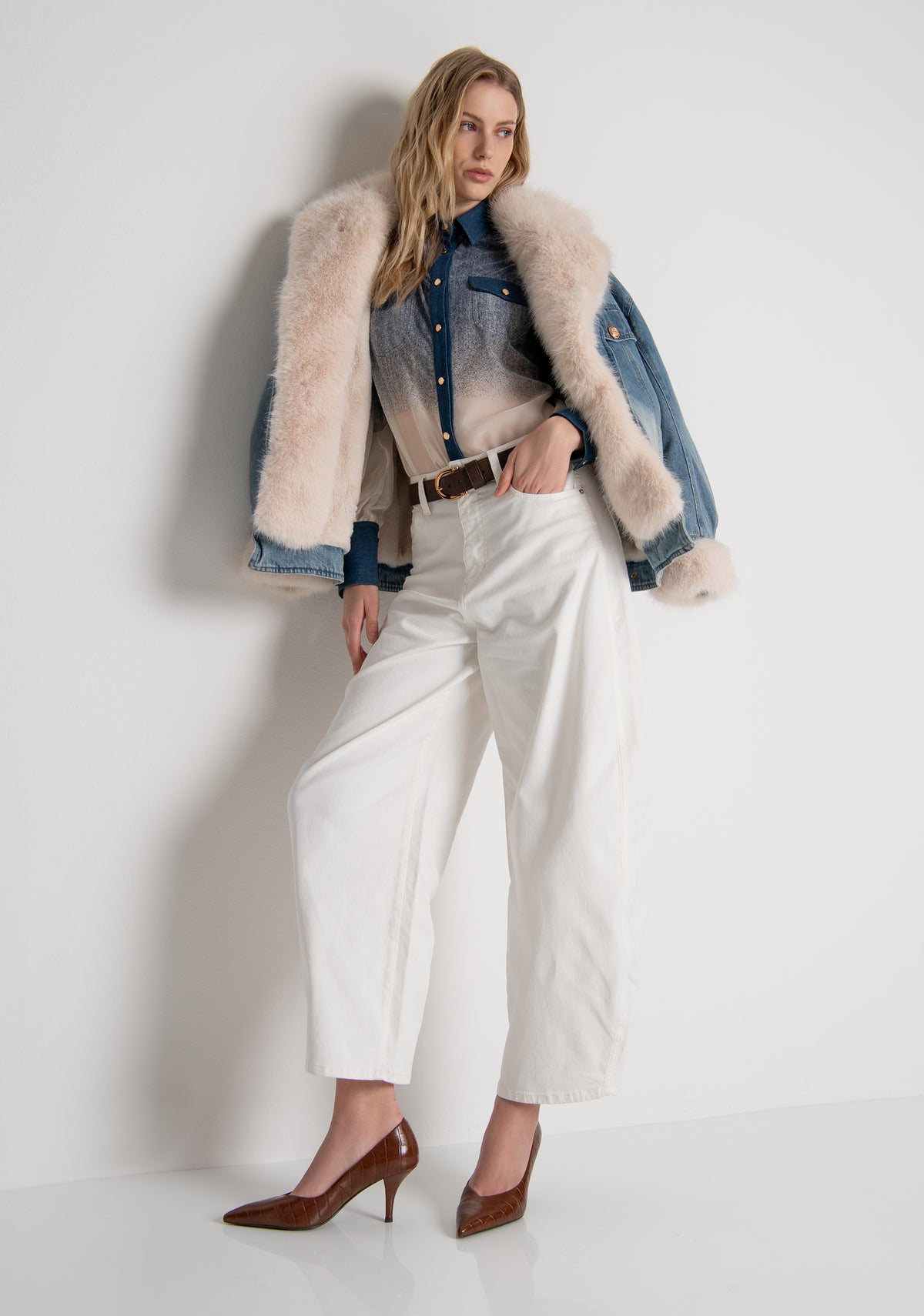 Jacket over fit made in denim with vintage wash and with fake fur Fracomina FP26WJ4002D40904-337-2