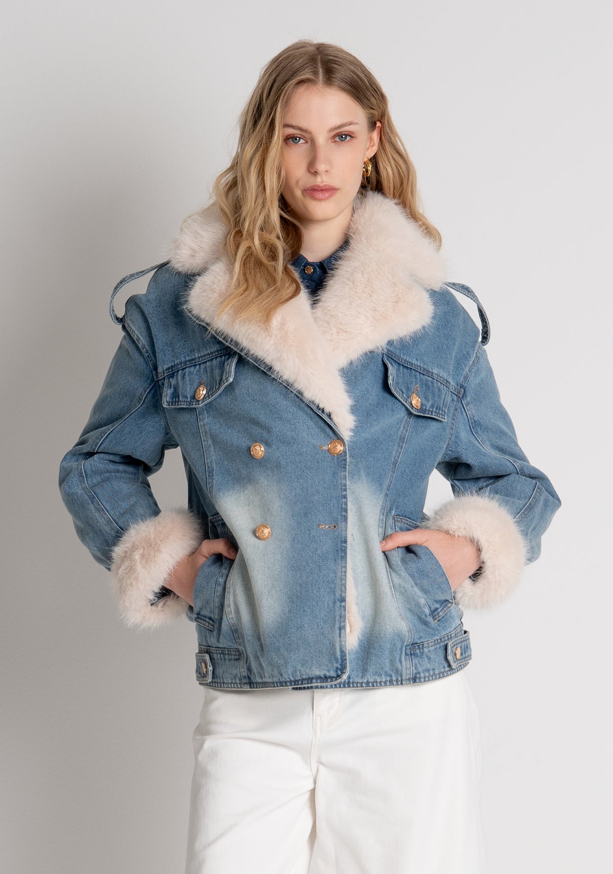 Jacket over fit made in denim with vintage wash and with fake fur Fracomina FP26WJ4002D40904-337-3