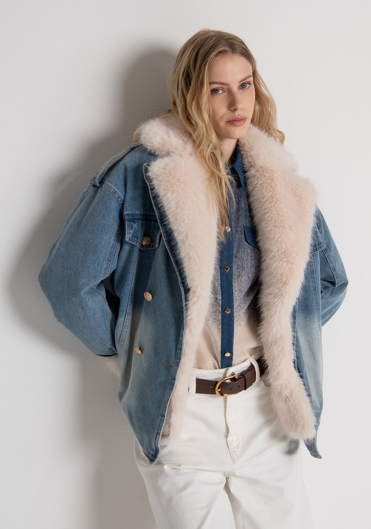Jacket over fit made in denim with vintage wash and with fake fur Fracomina FP26WJ4002D40904-337