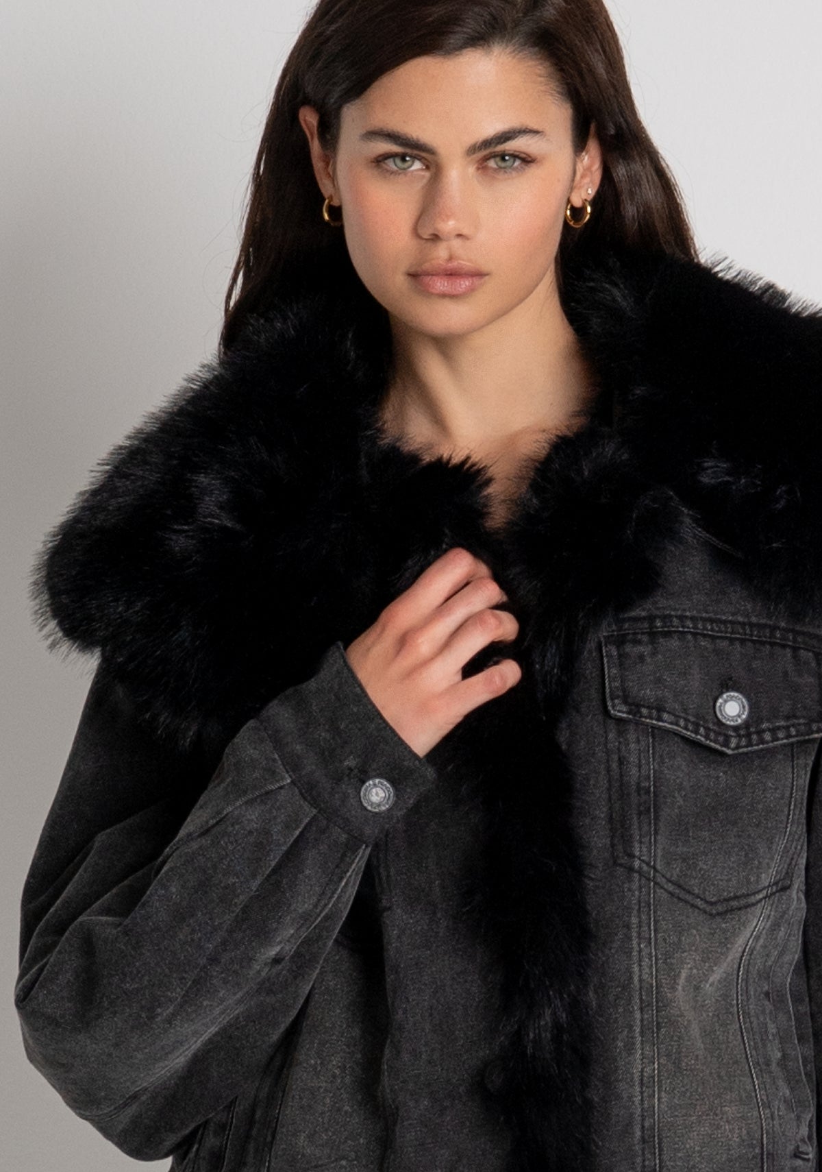 Jacket regular fit made in black denim with middle wash and with fake fur Fracomina FP26WJ4003D40993-M67-3