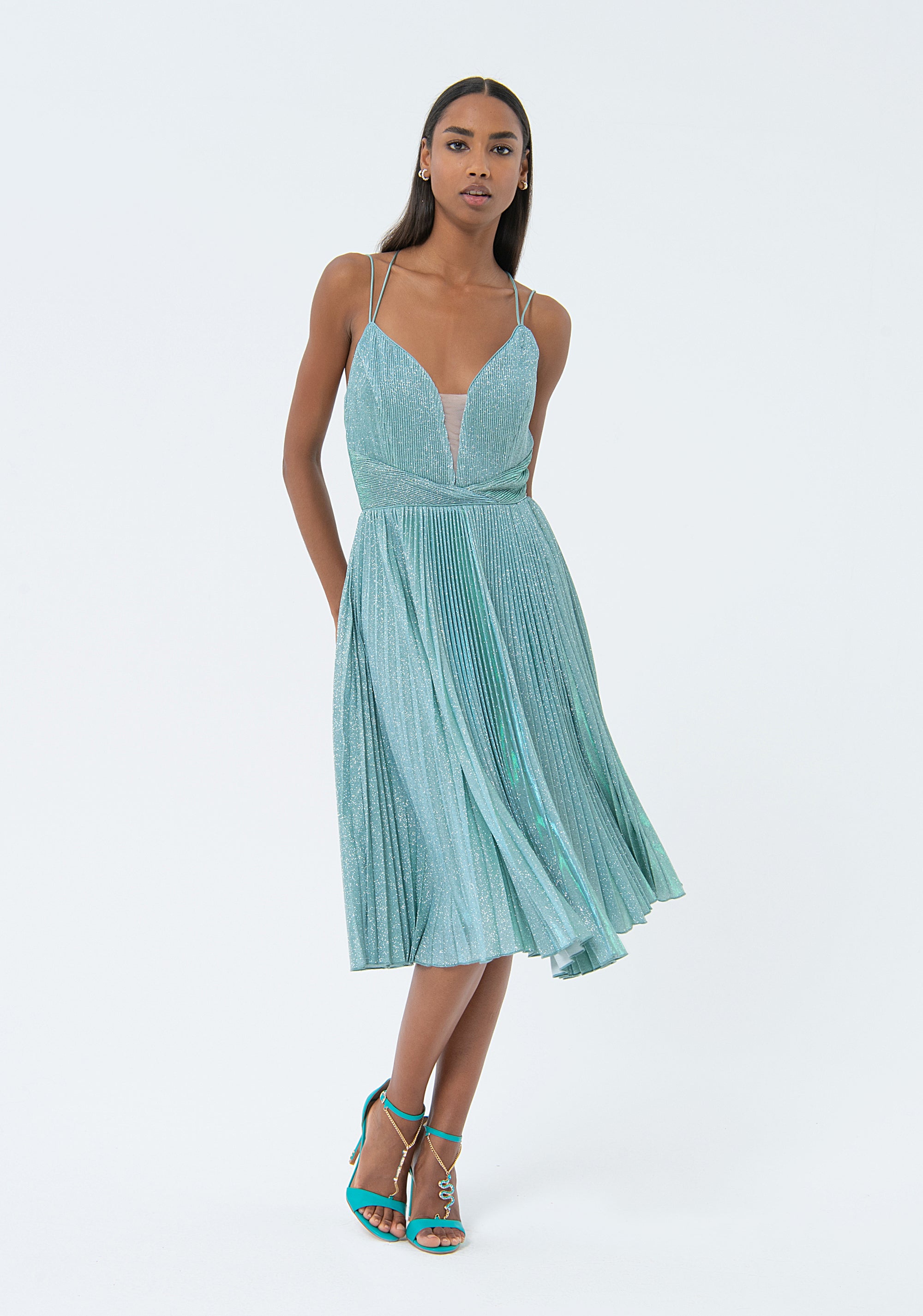 Sleeveless dress middle length with plissè effect metallic fabric Fracomina FQ24SD1019W668F9-268-1_612f39ab-5428-419a-89a9-056510ad6329