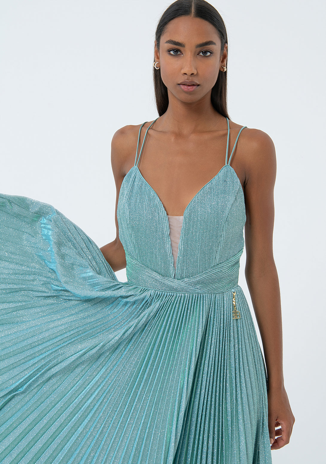Sleeveless dress middle length with plissè effect metallic fabric Fracomina FQ24SD1019W668F9-268-2