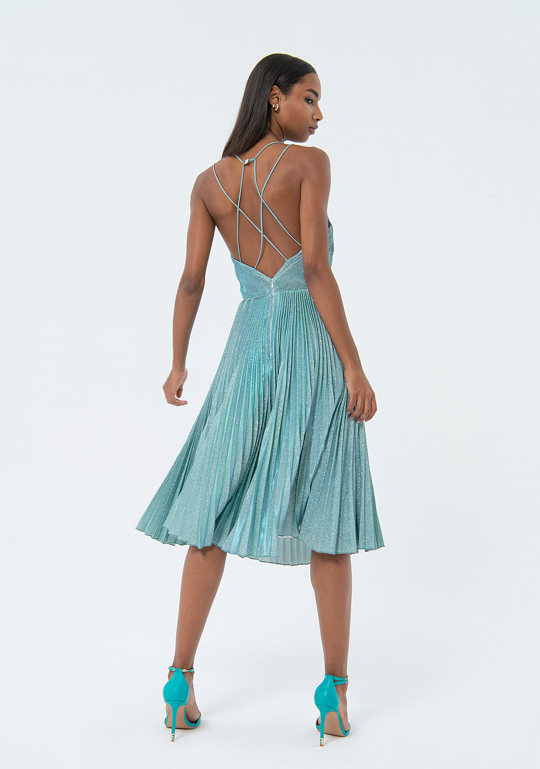 Sleeveless dress middle length with plissè effect metallic fabric Fracomina FQ24SD1019W668F9-268-3