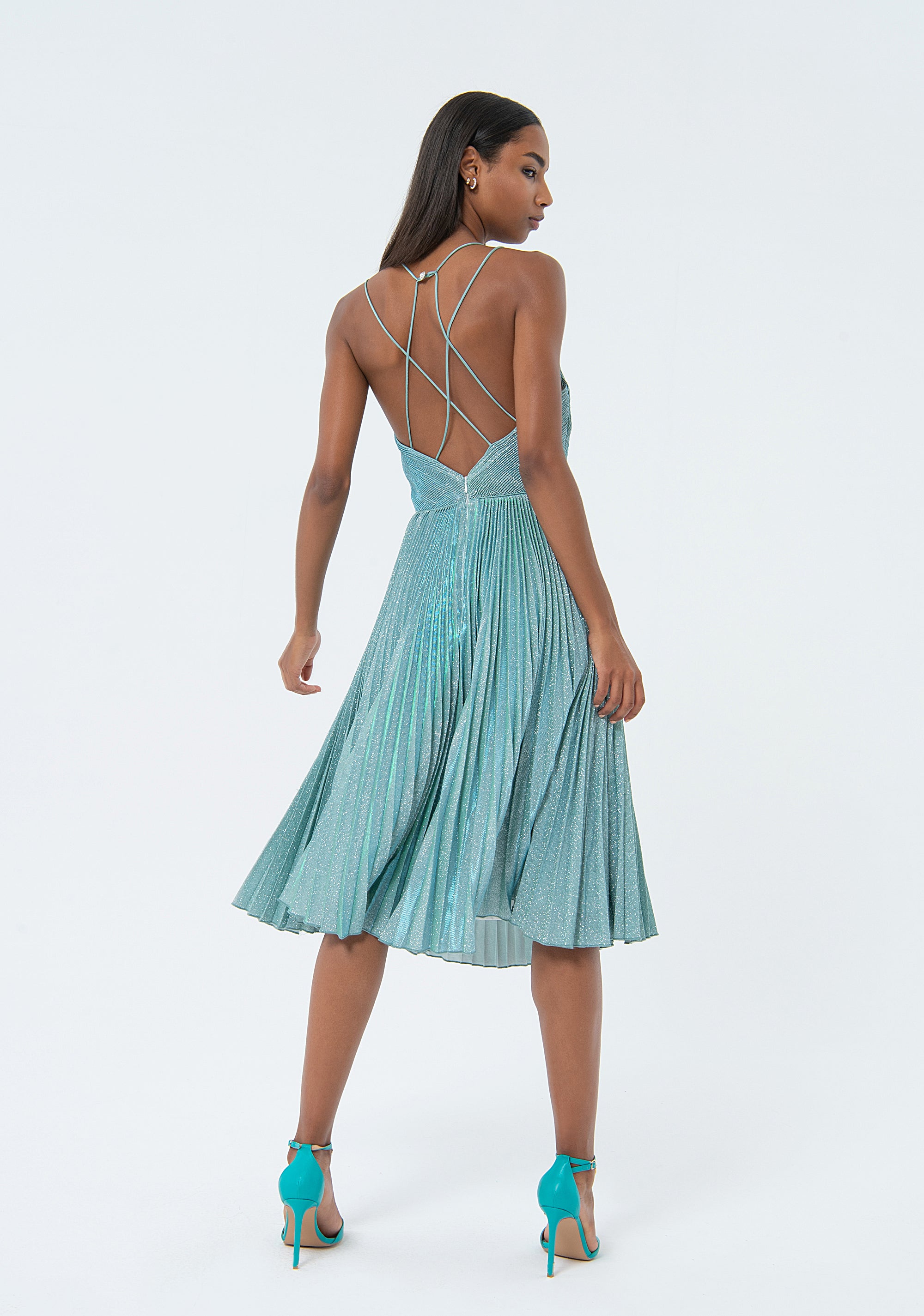 Sleeveless dress middle length with plissè effect metallic fabric Fracomina FQ24SD1019W668F9-268-3_e999efb9-2c36-4215-ae26-a6753604c13f
