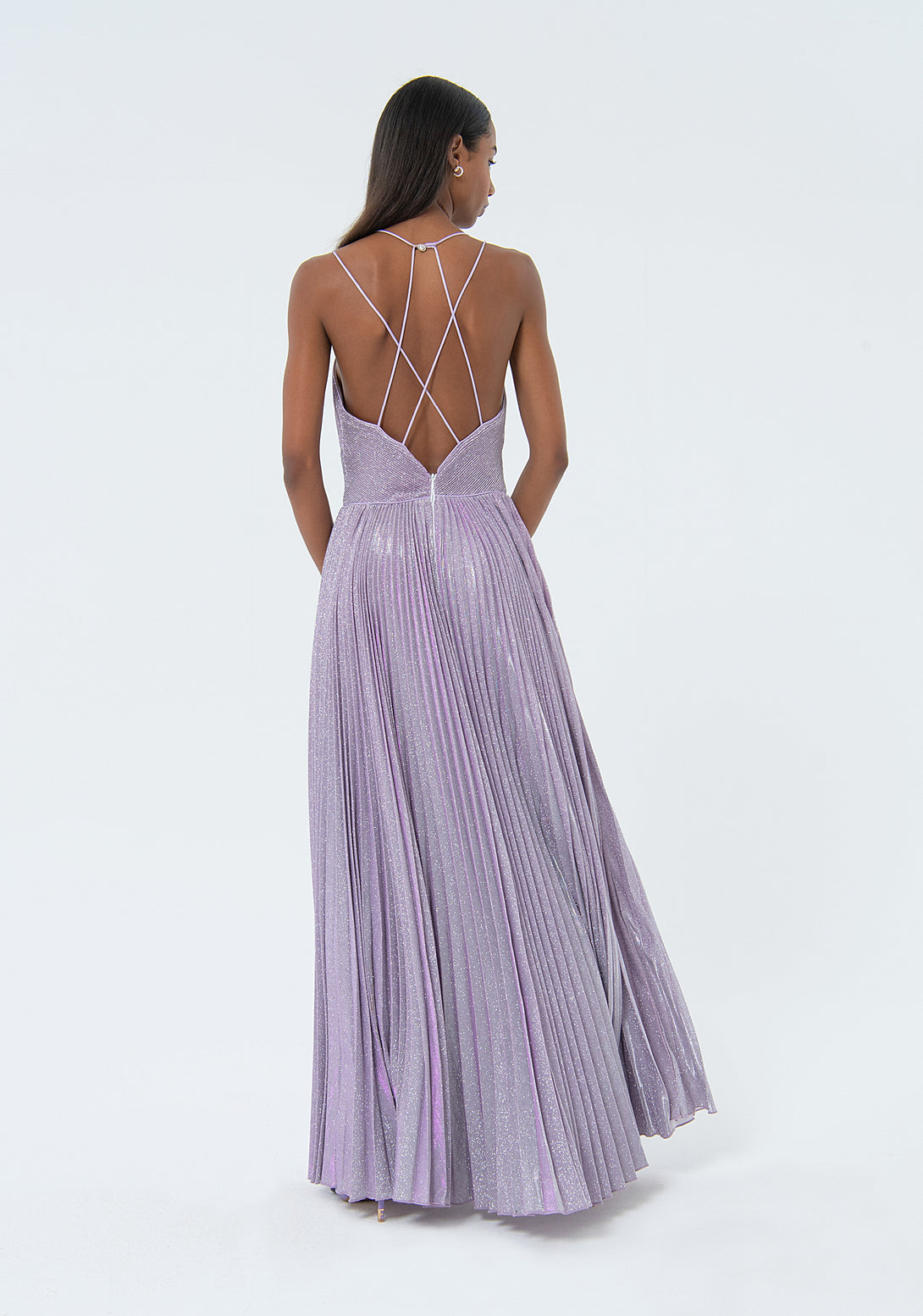 Long sleeveless dress made in plissè effect metallic fabric Fracomina FQ24SD3025W668F9-185-4