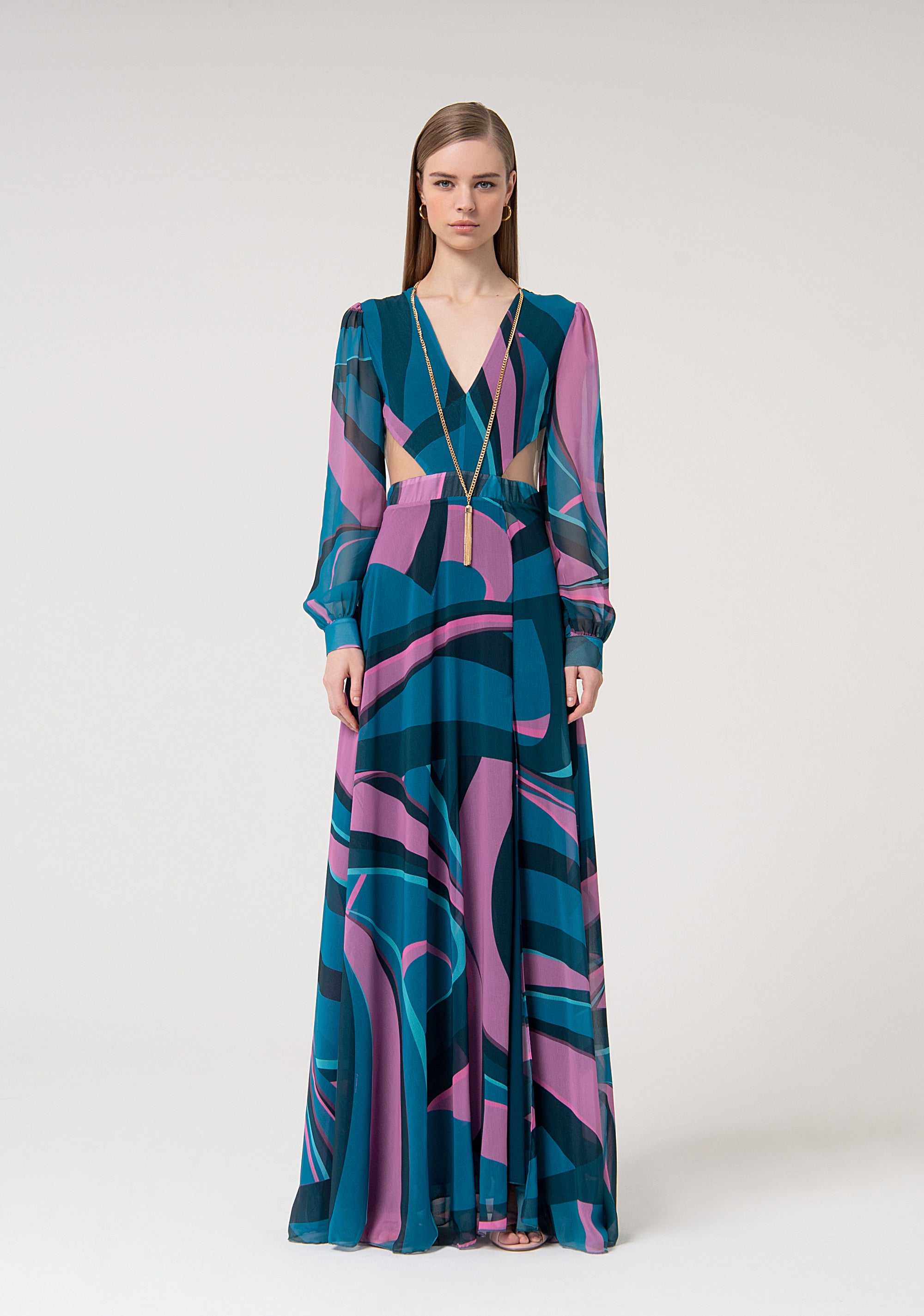 Long dress made with abstract pattern and long sleeves Fracomina FQ24WD3013W412K5-L53-1