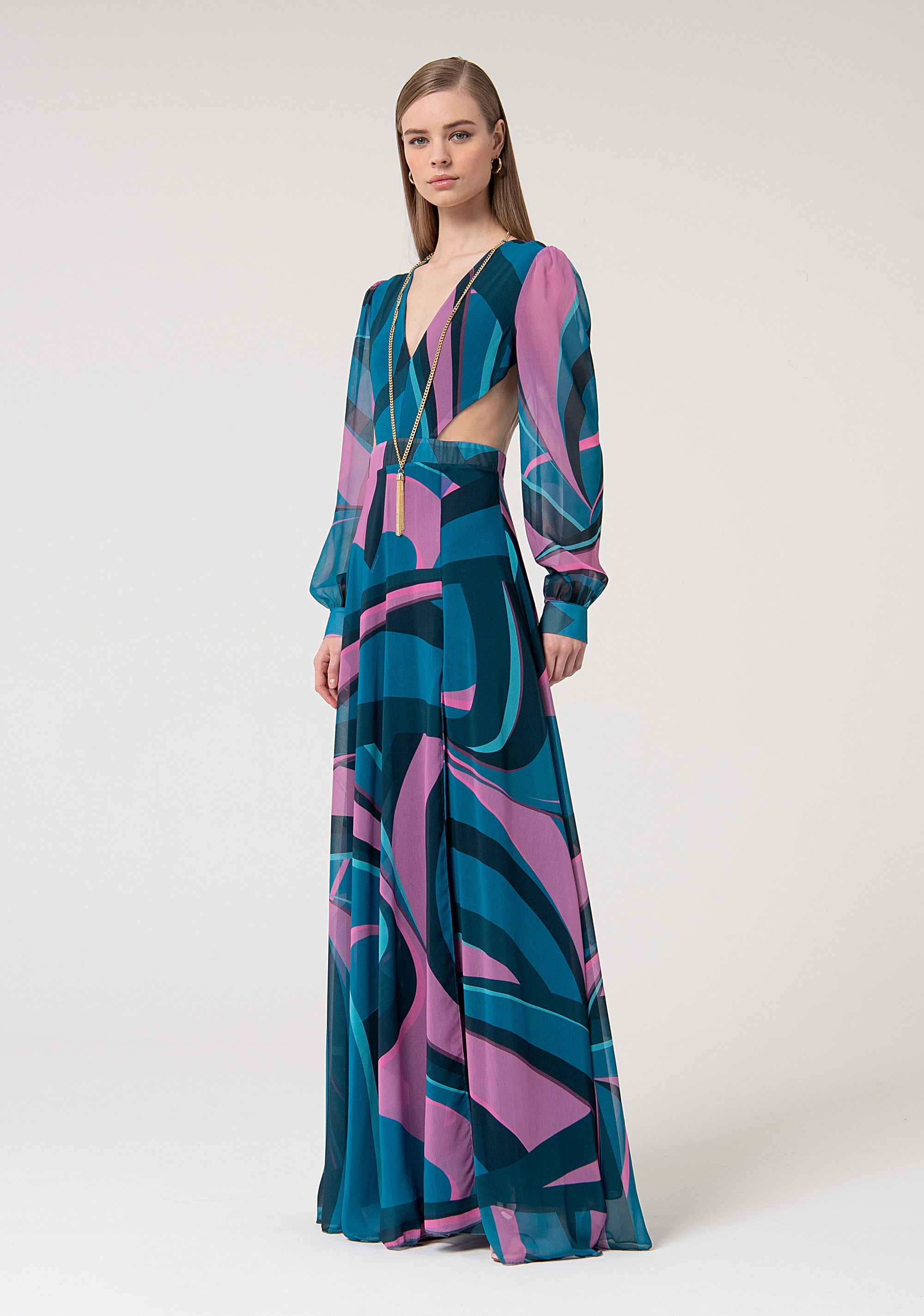 Long dress made with abstract pattern and long sleeves Fracomina FQ24WD3013W412K5-L53-3