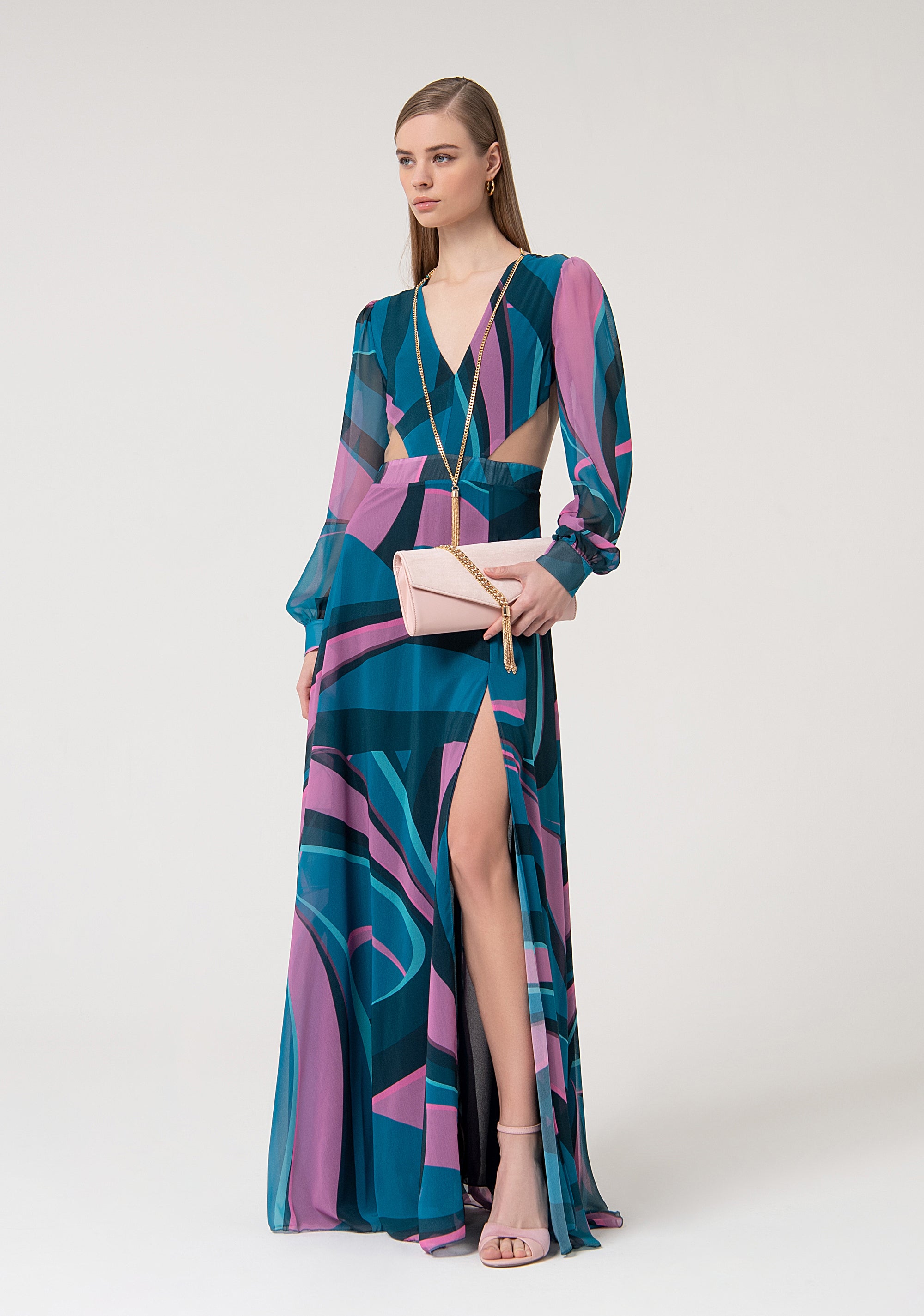 Long dress made with abstract pattern and long sleeves Fracomina FQ24WD3013W412K5-L53-5