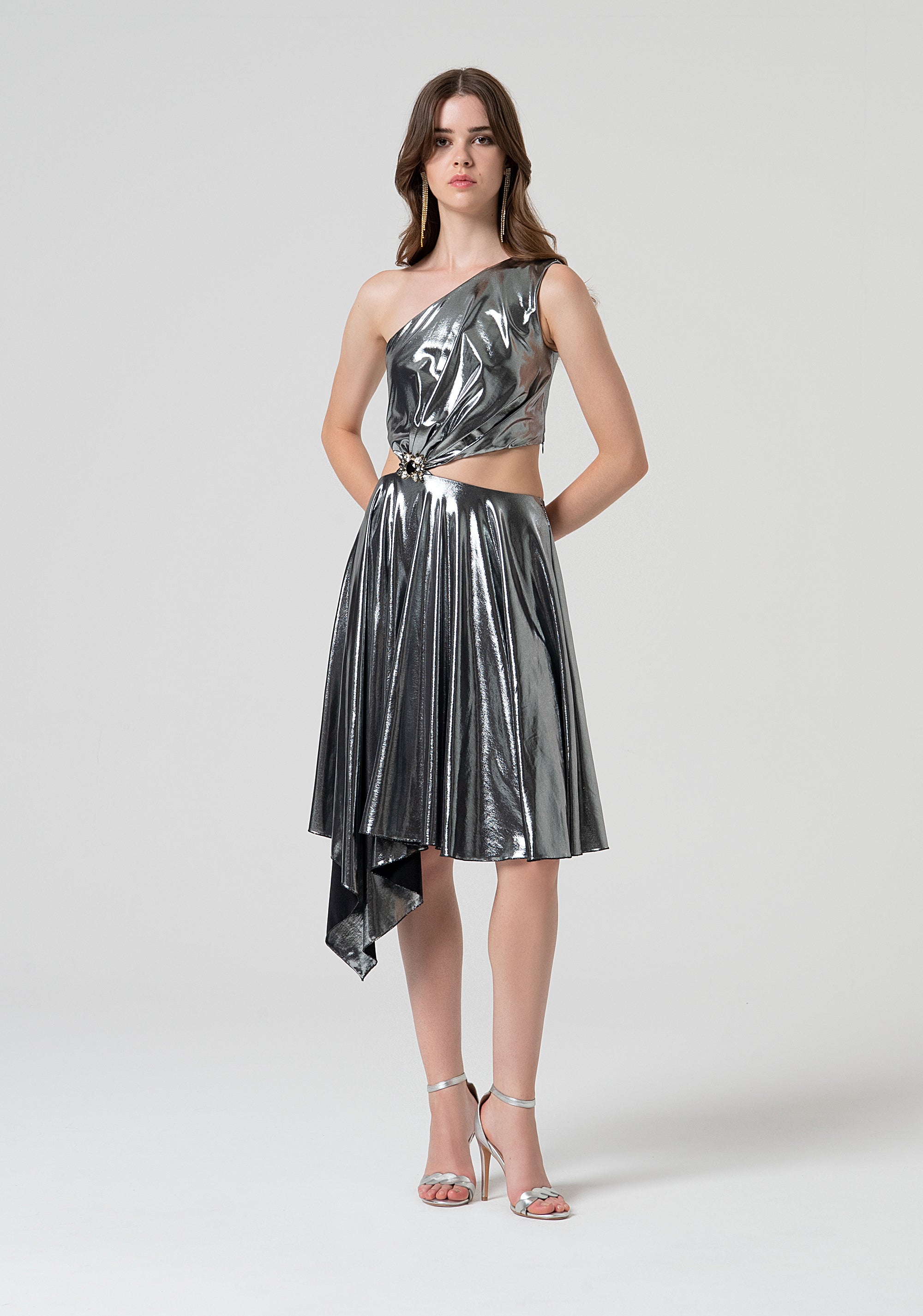 Straight line dress, single shoulder, made in metallic effect fabric Fracomina FQ25SD1002W798L9-T31-1