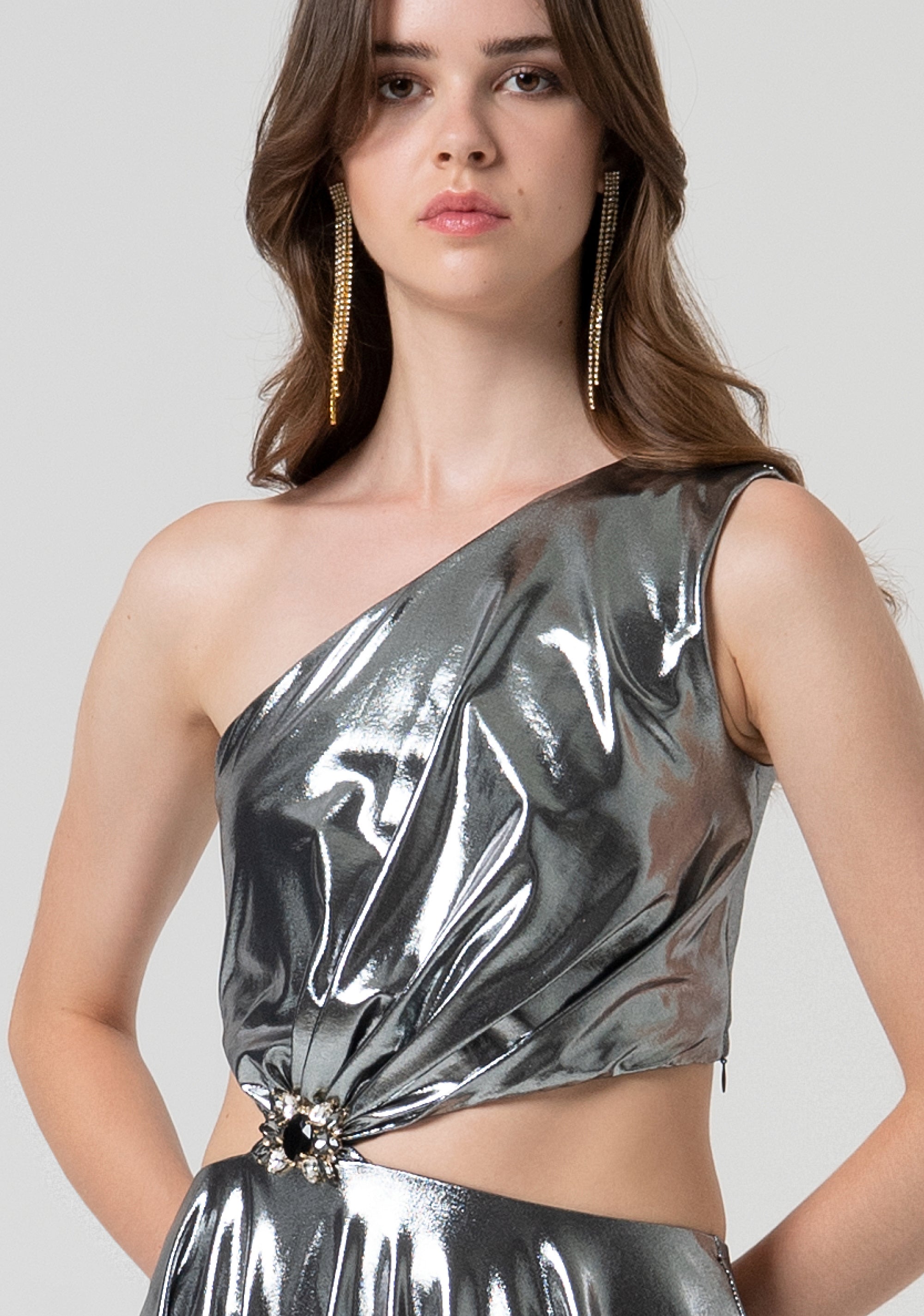 Straight line dress, single shoulder, made in metallic effect fabric Fracomina FQ25SD1002W798L9-T31-2