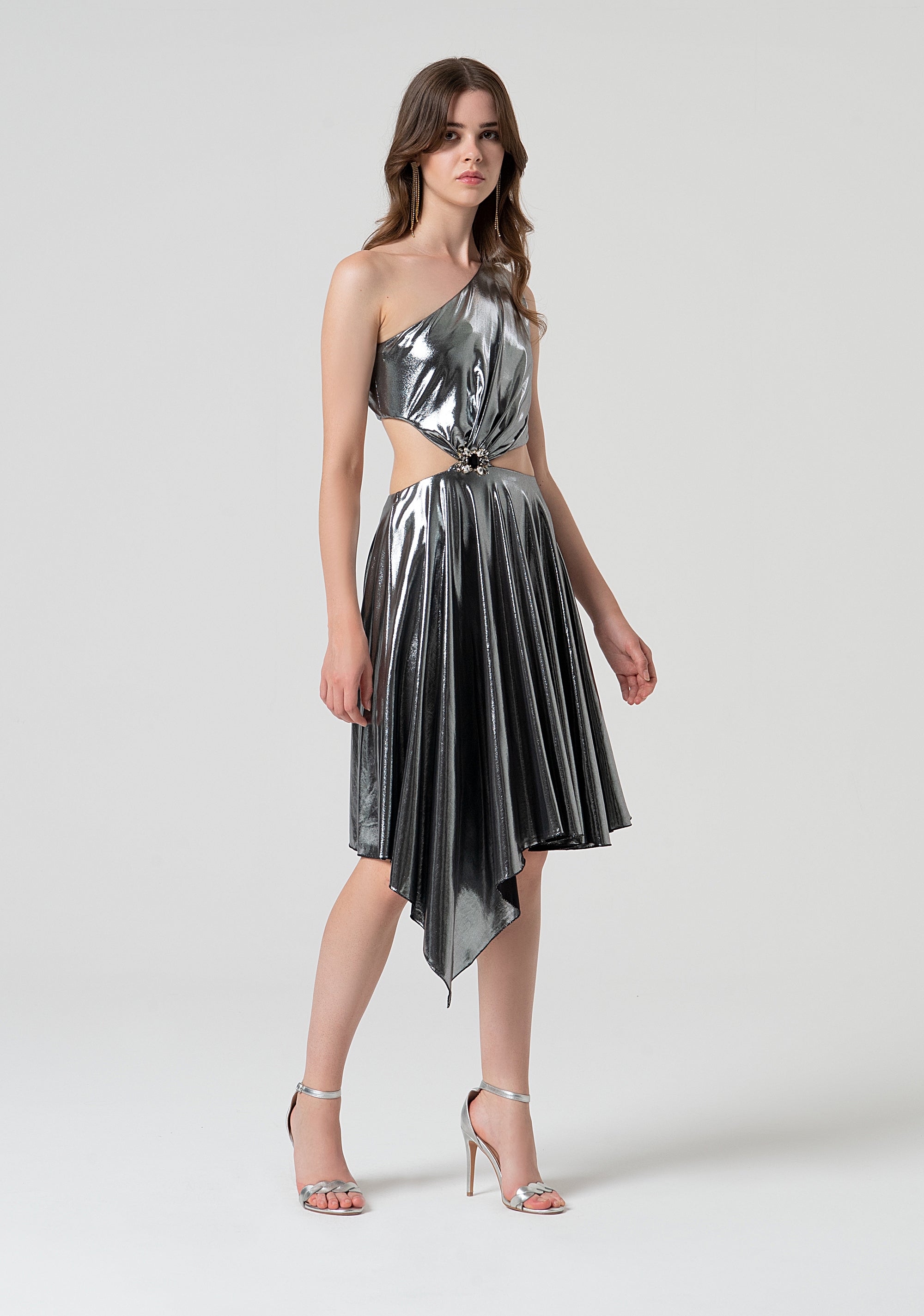 Straight line dress, single shoulder, made in metallic effect fabric Fracomina FQ25SD1002W798L9-T31-3