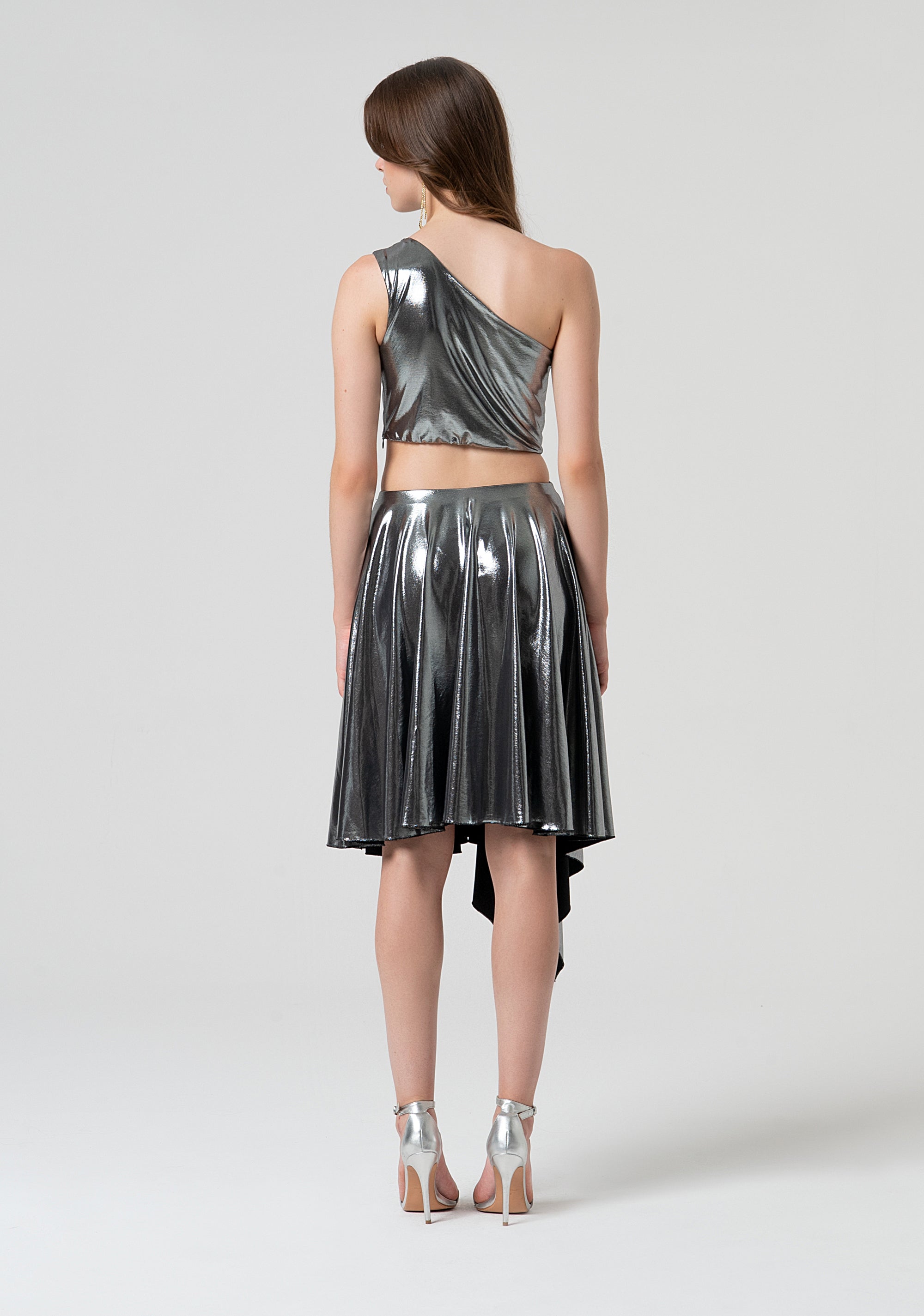 Straight line dress, single shoulder, made in metallic effect fabric Fracomina FQ25SD1002W798L9-T31-4