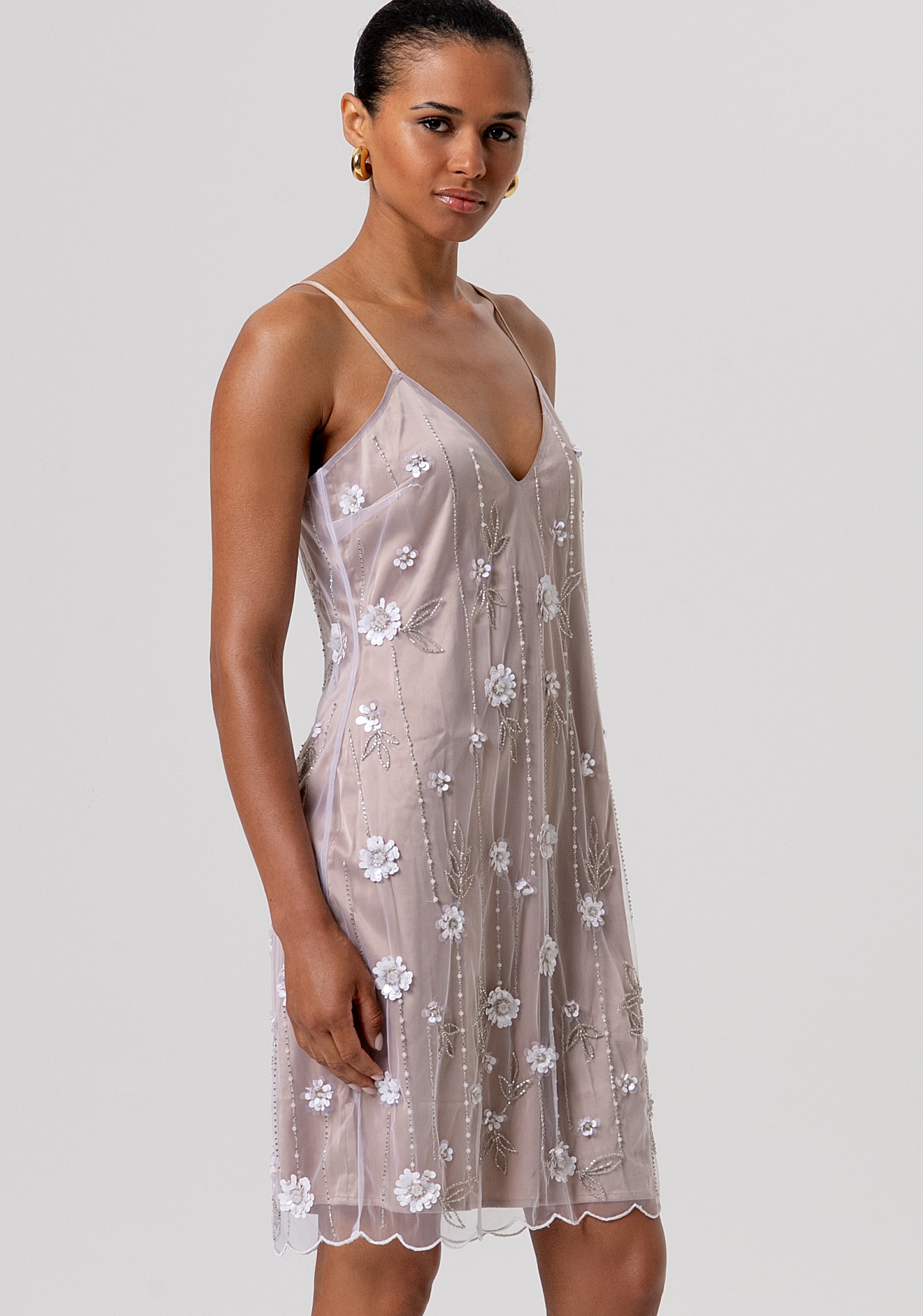 Sleeveless mini slip dress made in fabric with flowery embroideries, strasses and paillettes Fracomina FQ26SD1012W425E5-050-2