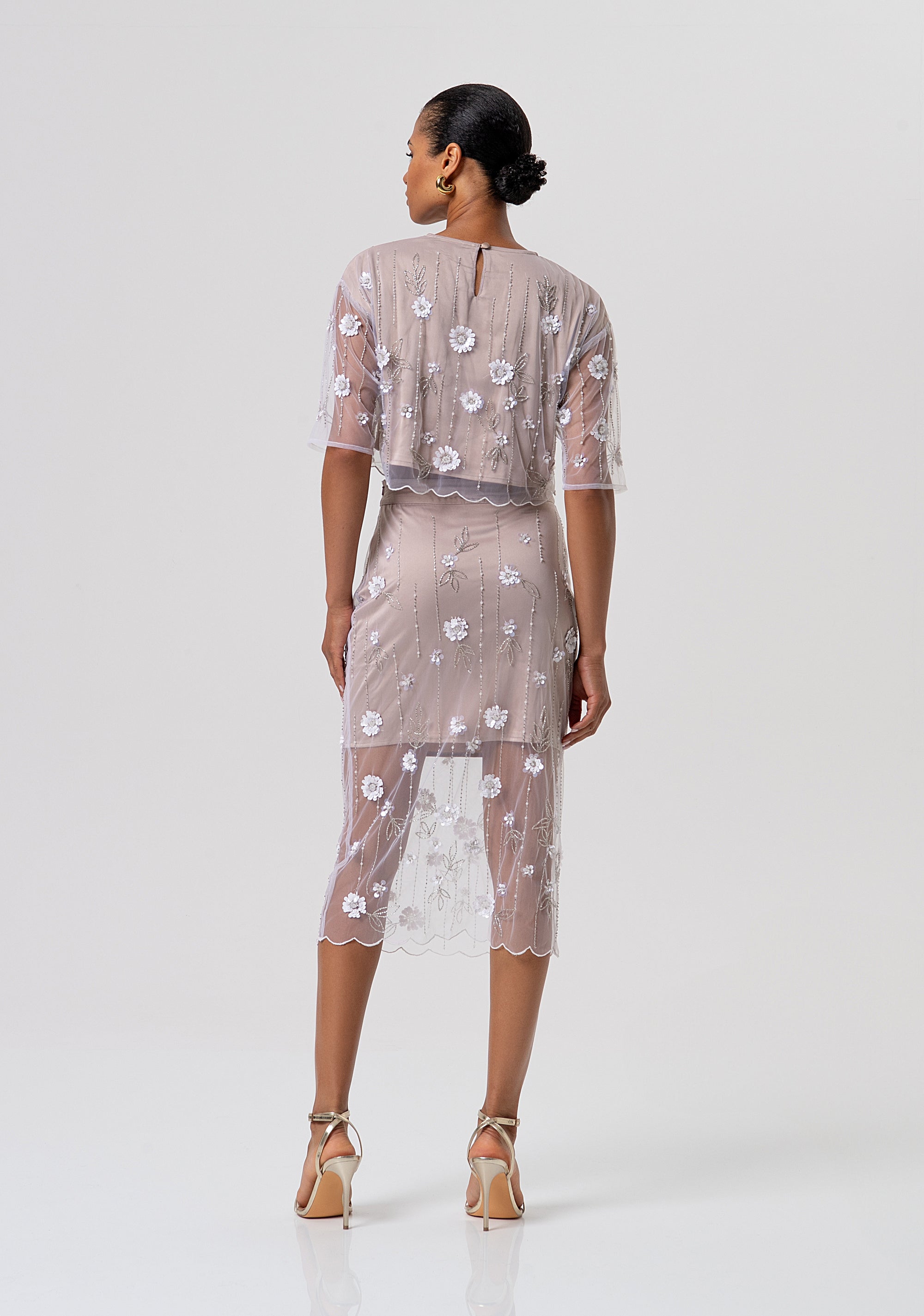 Sheath skirt slim fit middle length made in tulle with flowers and sequins Fracomina FQ26SG2003W425E5-050-3