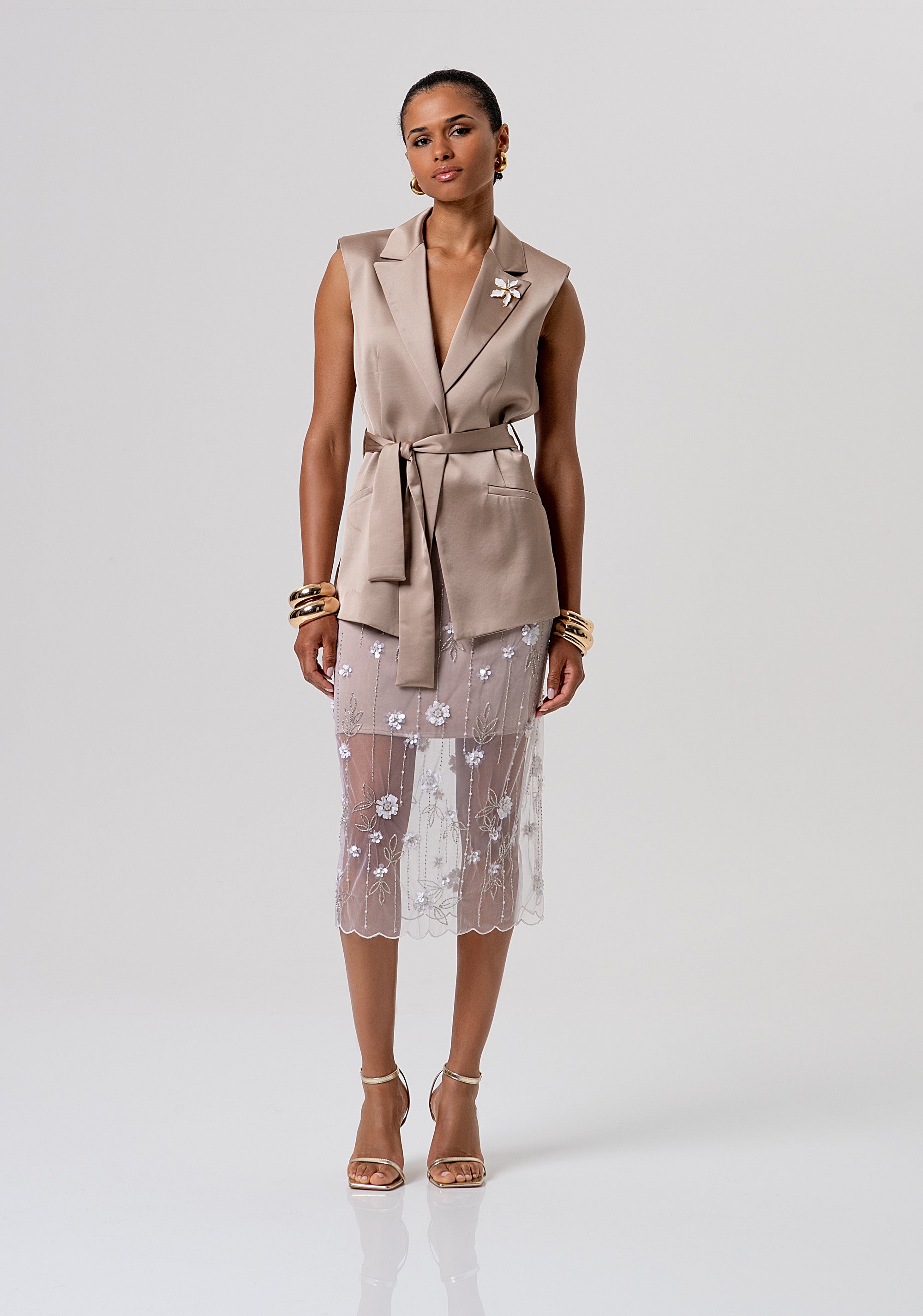 Sheath skirt slim fit middle length made in tulle with flowers and sequins Fracomina FQ26SG2003W425E5-050-4