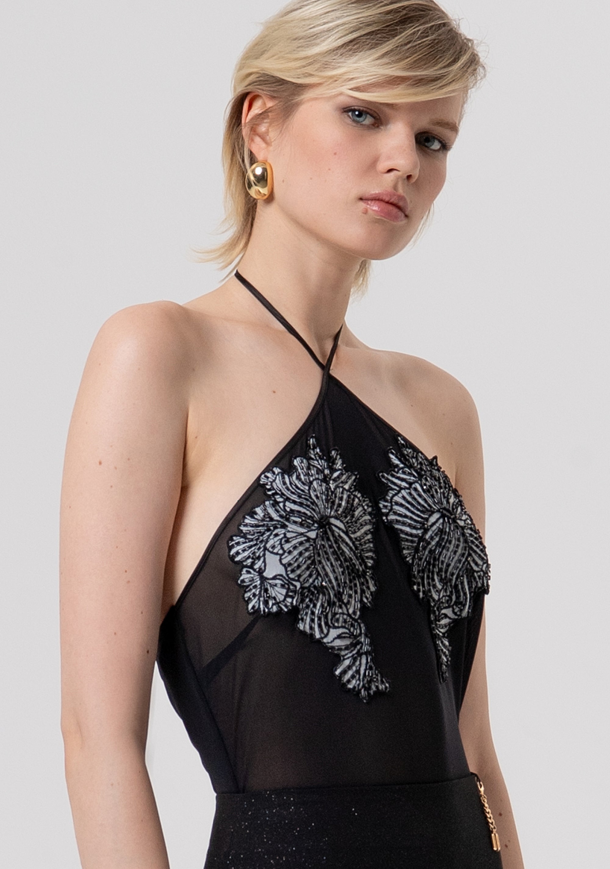 Sleeveless body made in tulle with flowery patches and strasses Fracomina FQ26ST5001W829E5-053-2