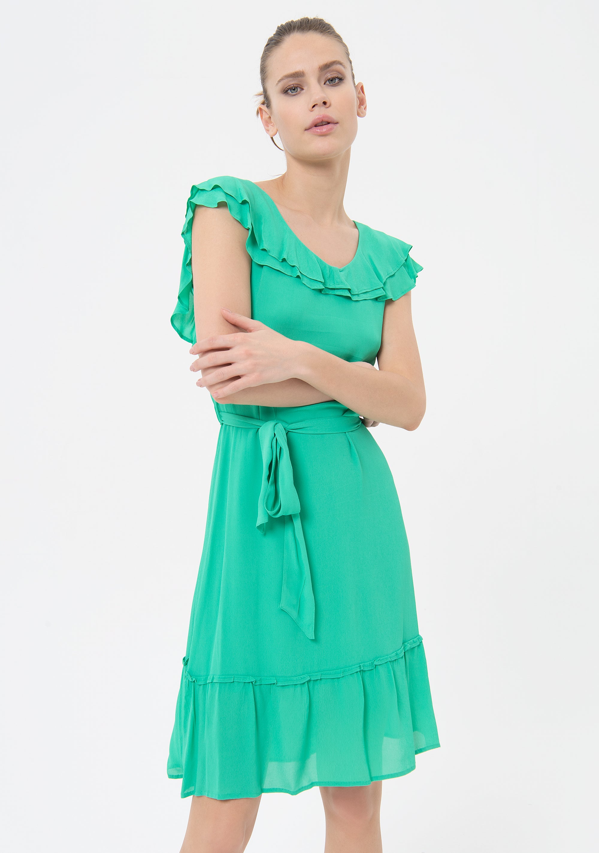 Dress regular fit middle length with ruffles at the V-neck drop Fracomina FR23SD1025W42201-152-3