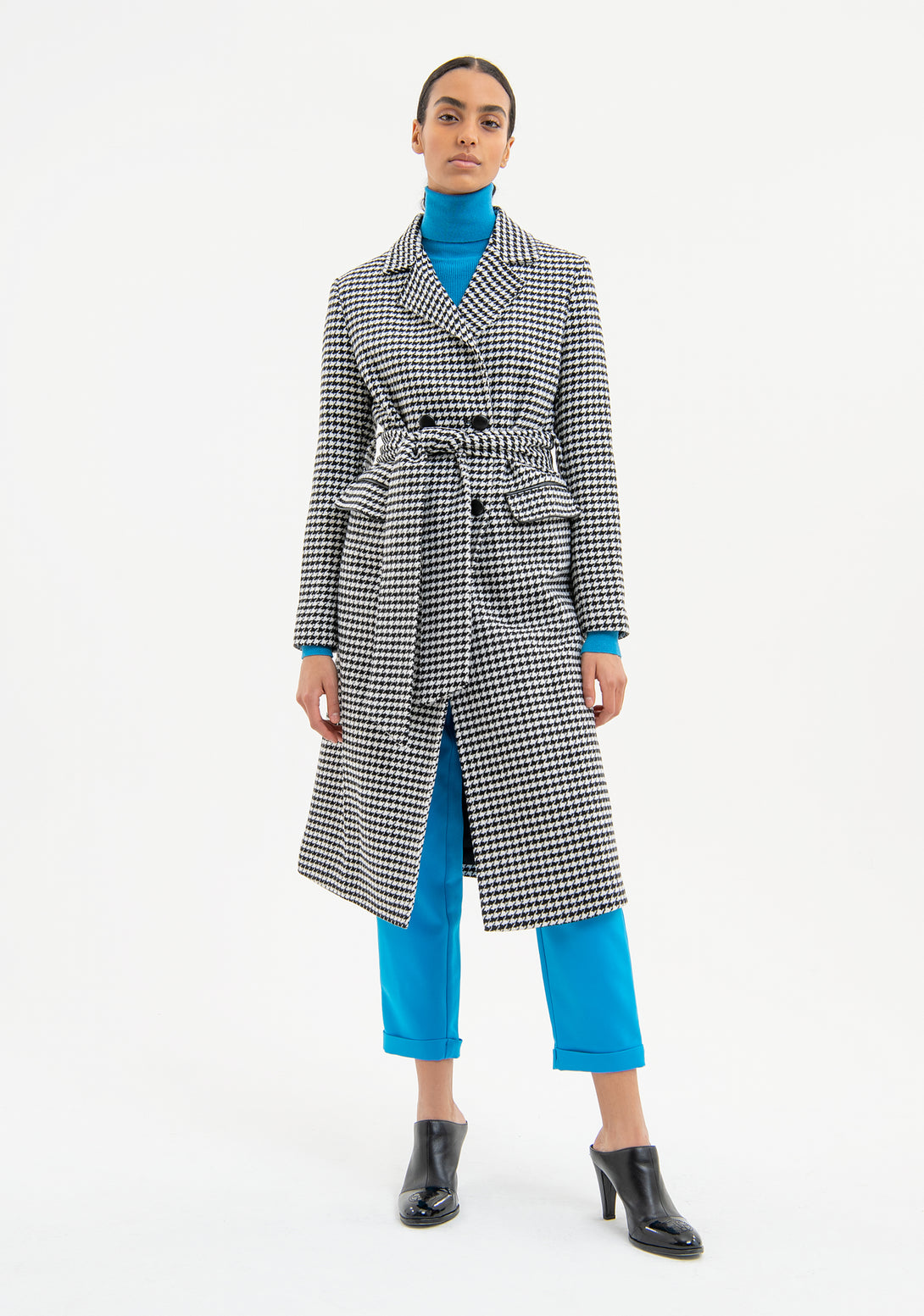 Long coat regular fit made in pied de poule fabric