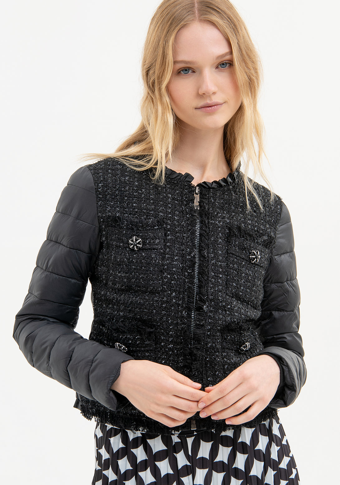 Padded jacket regular fit with front part made in tweed Fracomina FR23WC3008O430S8-053-1