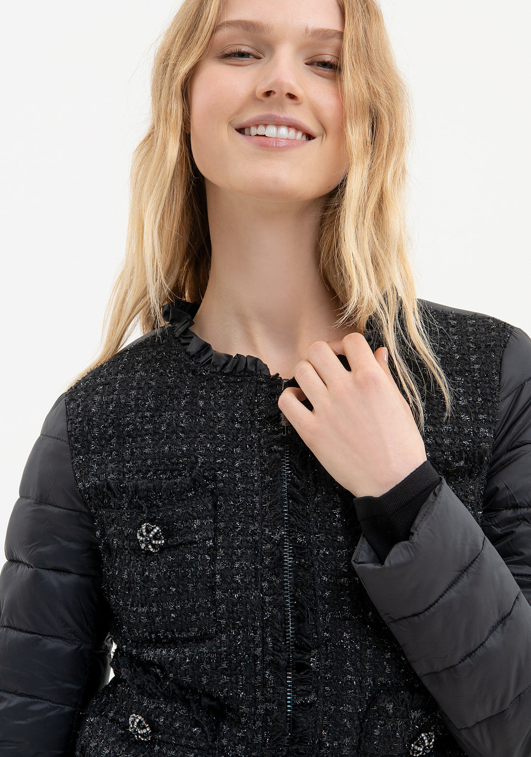 Padded jacket regular fit with front part made in tweed Fracomina FR23WC3008O430S8-053-2