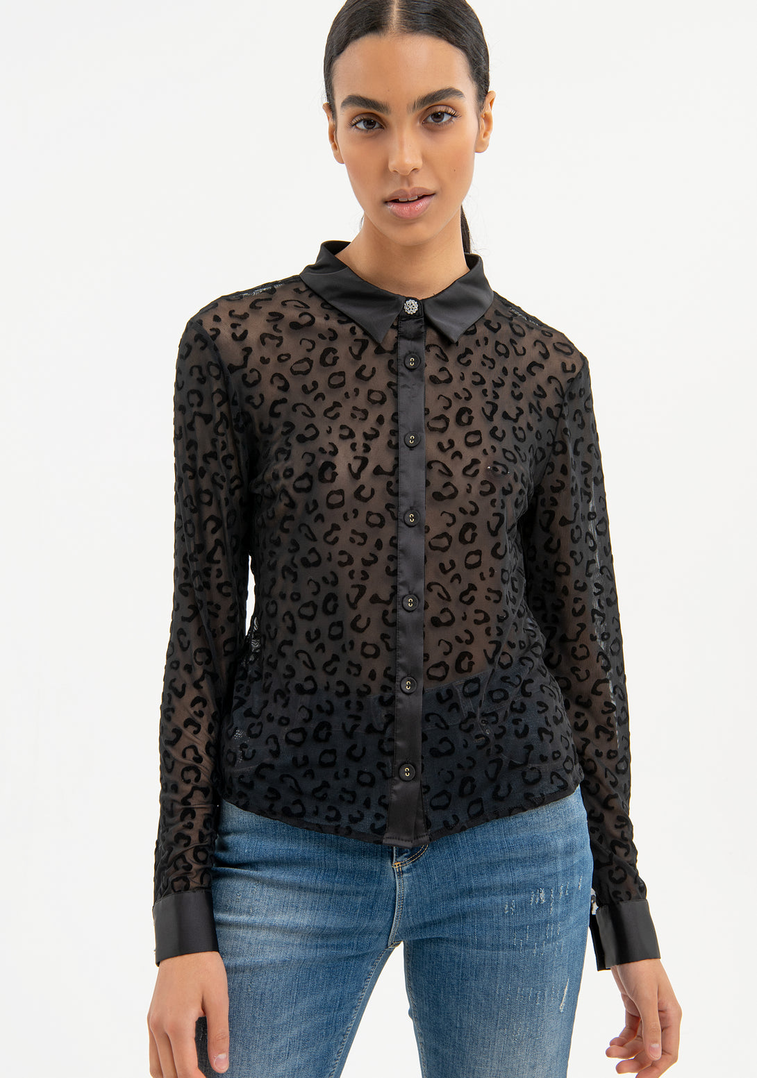 Shirt regular fit made in tulle with animalier pattern made in flock Fracomina FR23WT6001W425L7-053-1