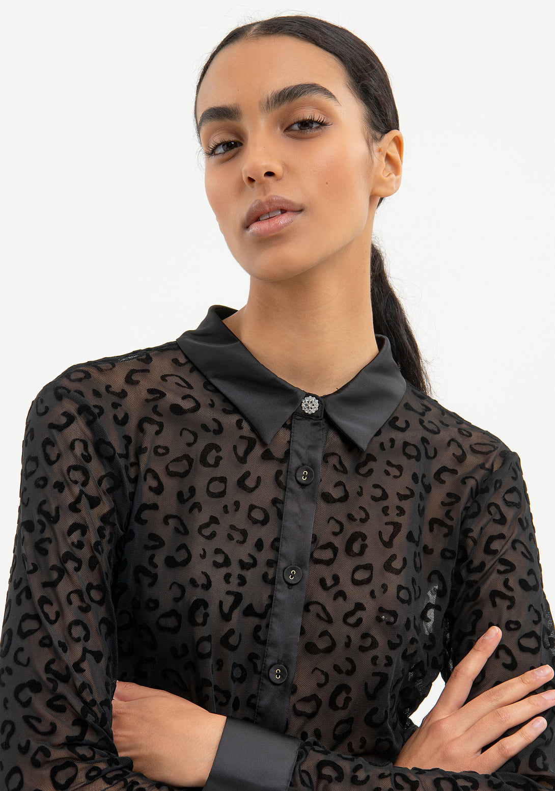 Shirt regular fit made in tulle with animalier pattern made in flock Fracomina FR23WT6001W425L7-053-2