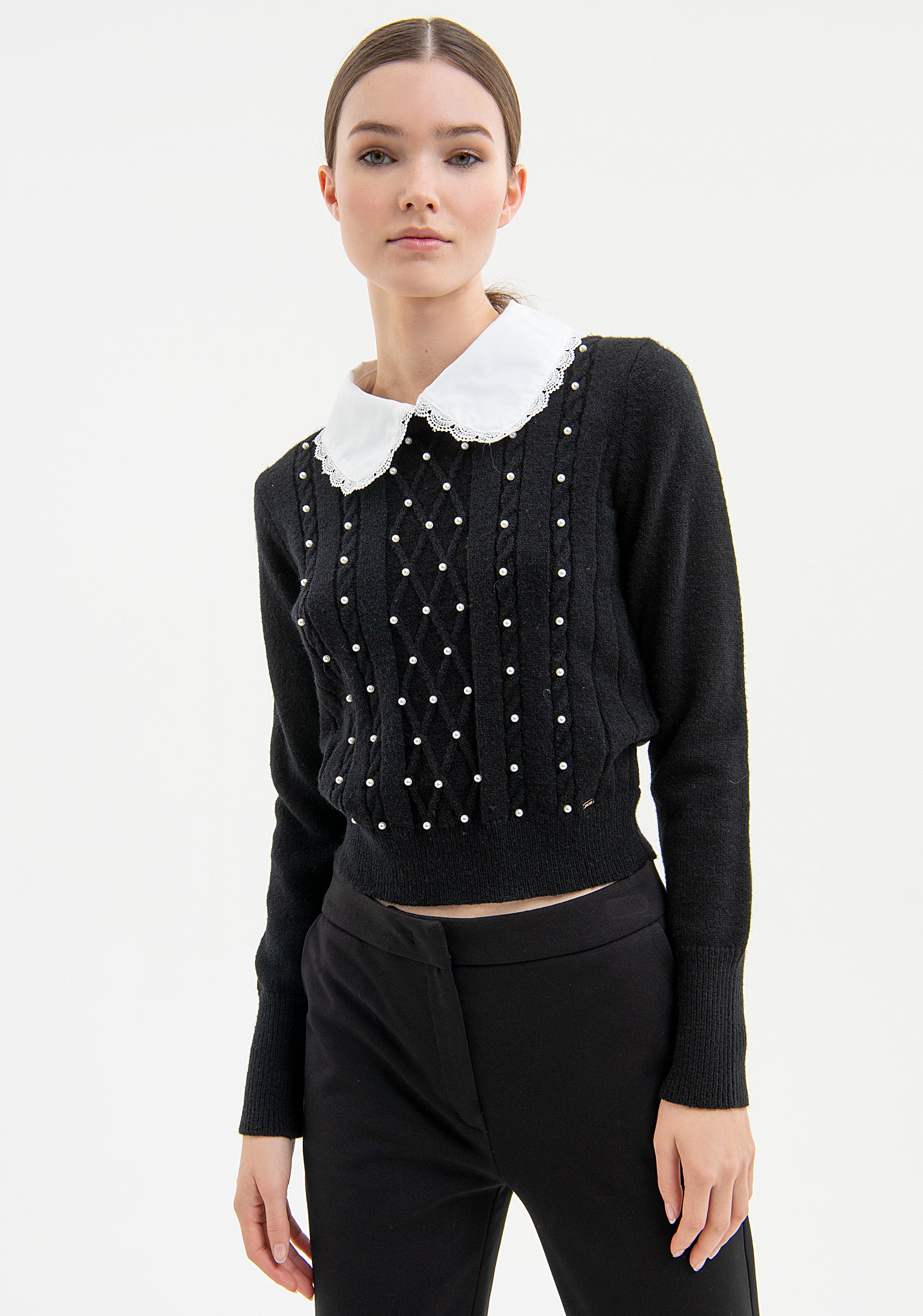 Knitwear slim fit with plaits and pearls applied Fracomina FR23WT7020K460D9-060-1