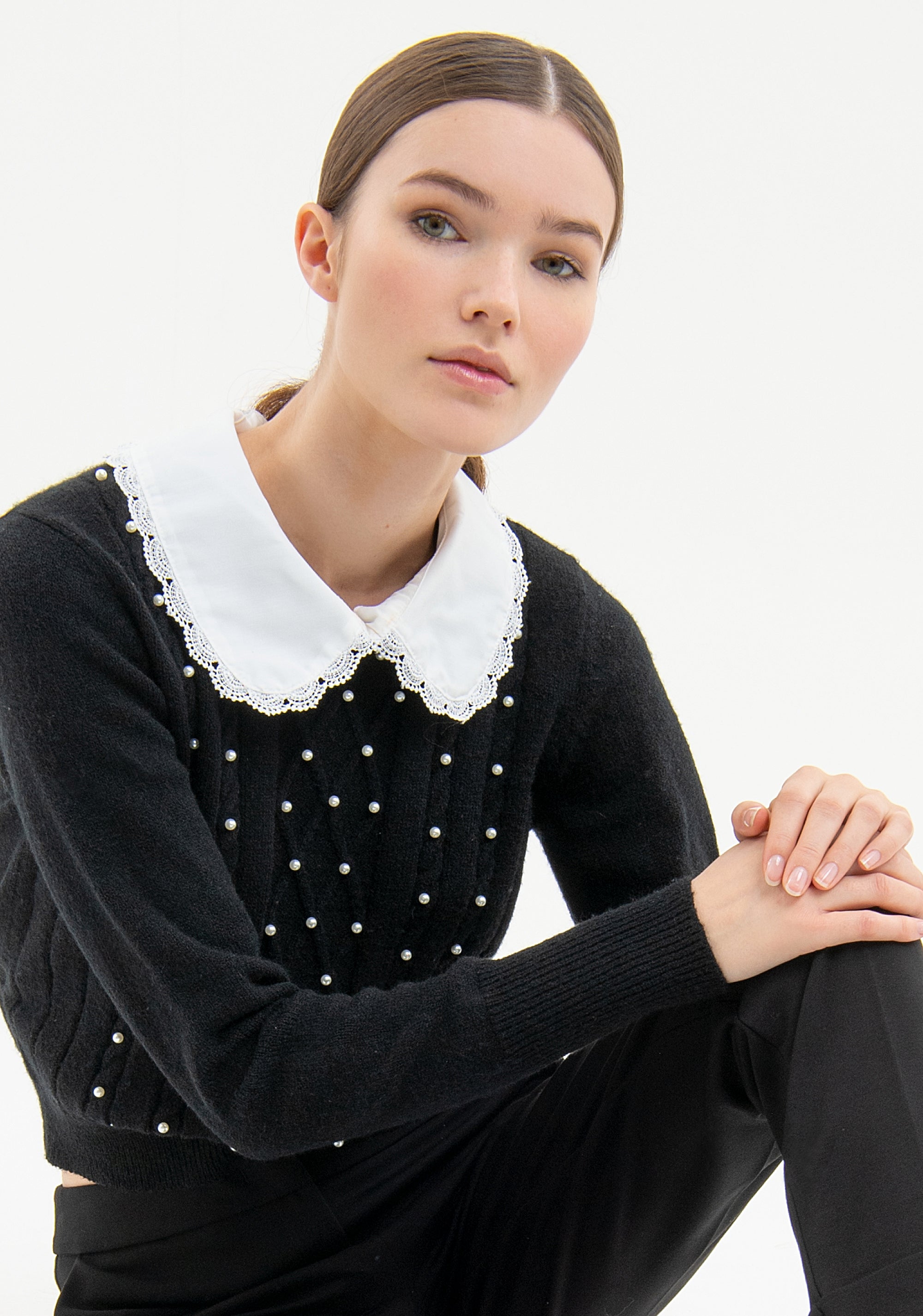 Knitwear slim fit with plaits and pearls applied Fracomina FR23WT7020K460D9-060-3