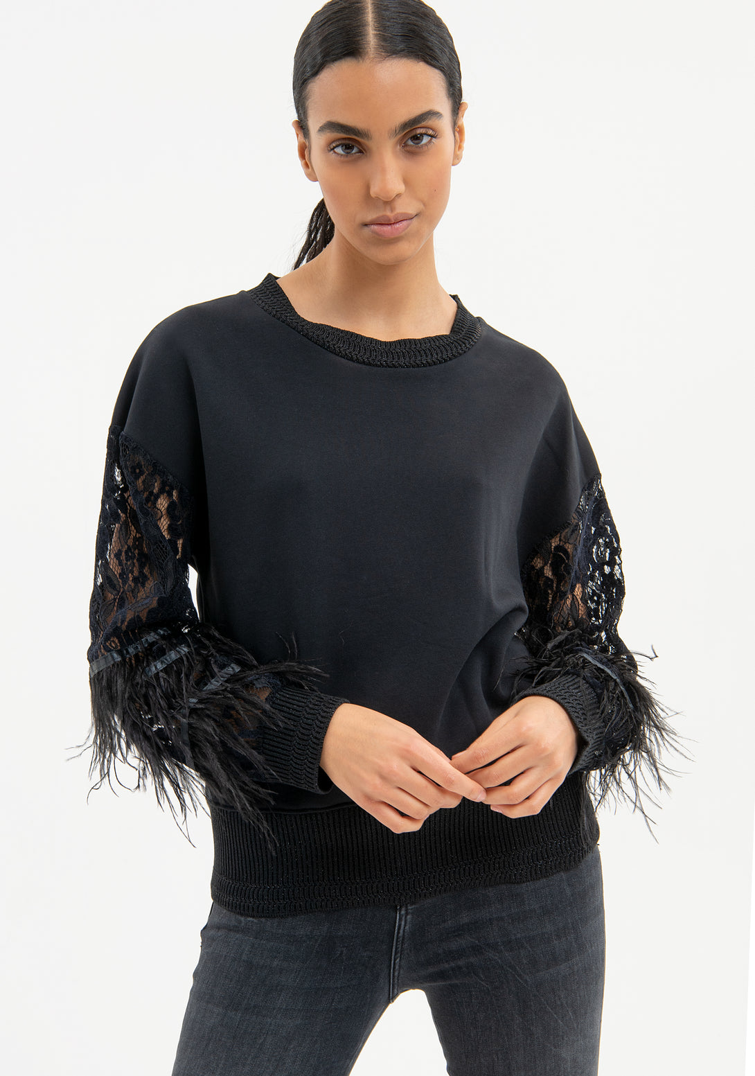 Sweater regular fit with lace sleeves and feathers applied Fracomina FR23WT9008F442G1-053-1