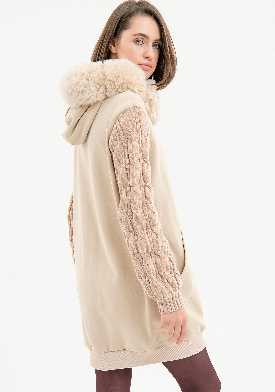Long sweater regular fit with neck made in eco fur Fracomina FR23WT9012F43001-208-3