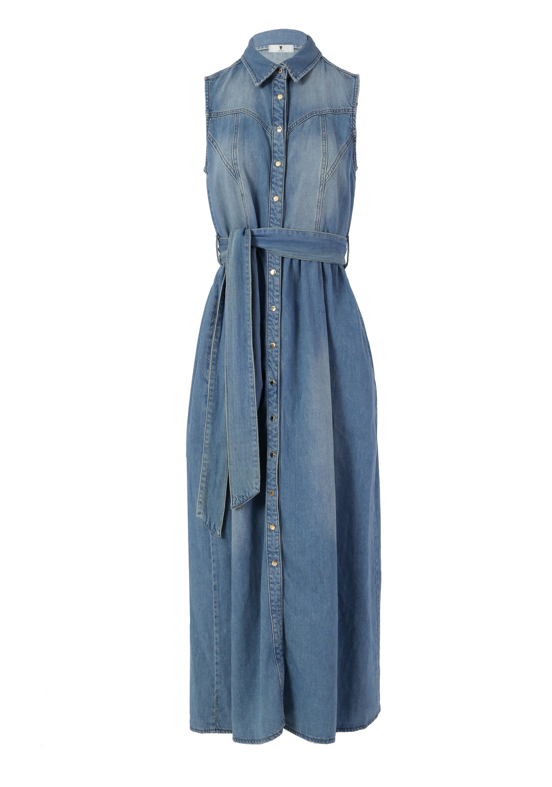 Long sleeveless dress made in denim with light wash