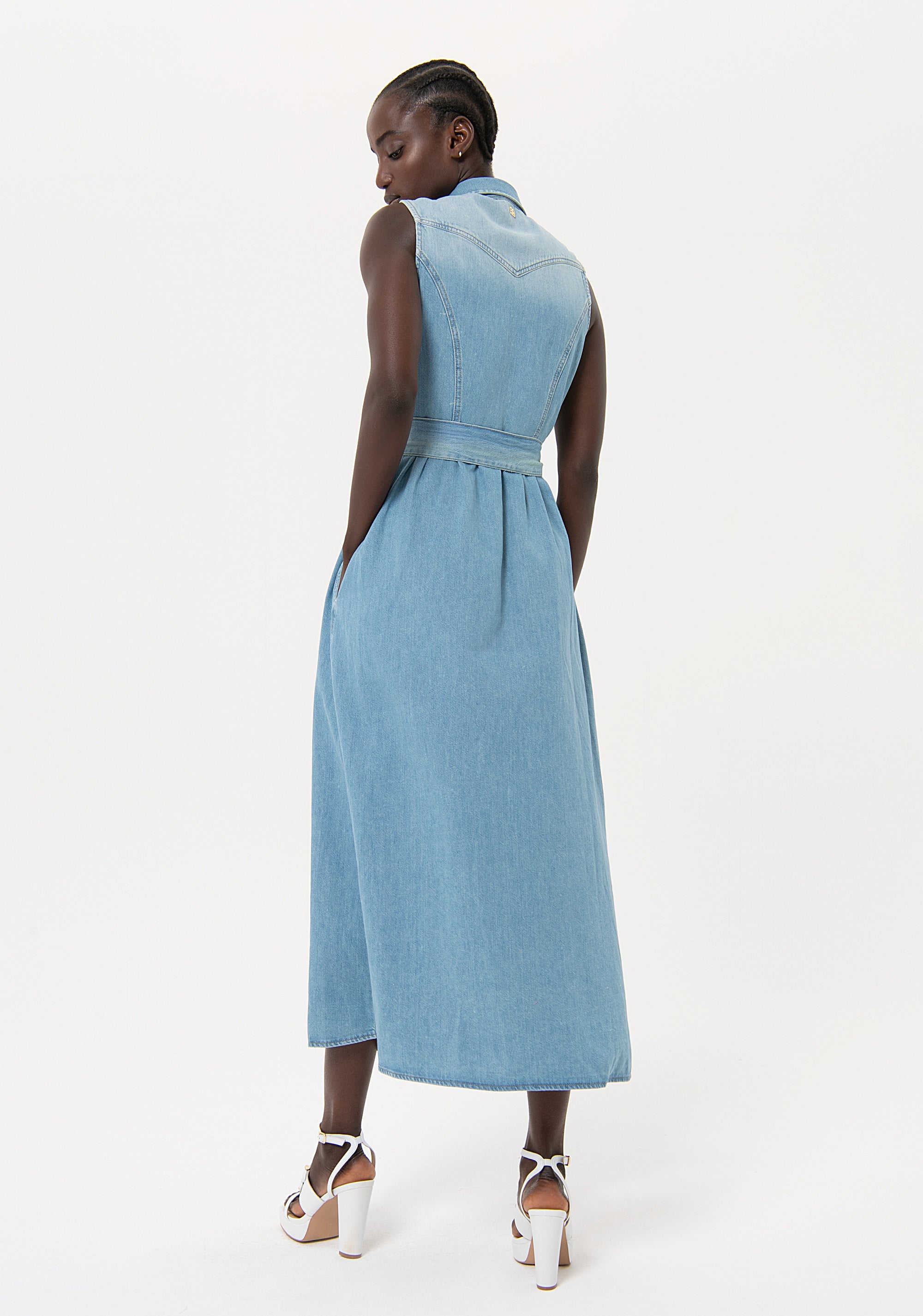 Long sleeveless dress made in denim with light wash Fracomina FR24SD4007D45902-258-3