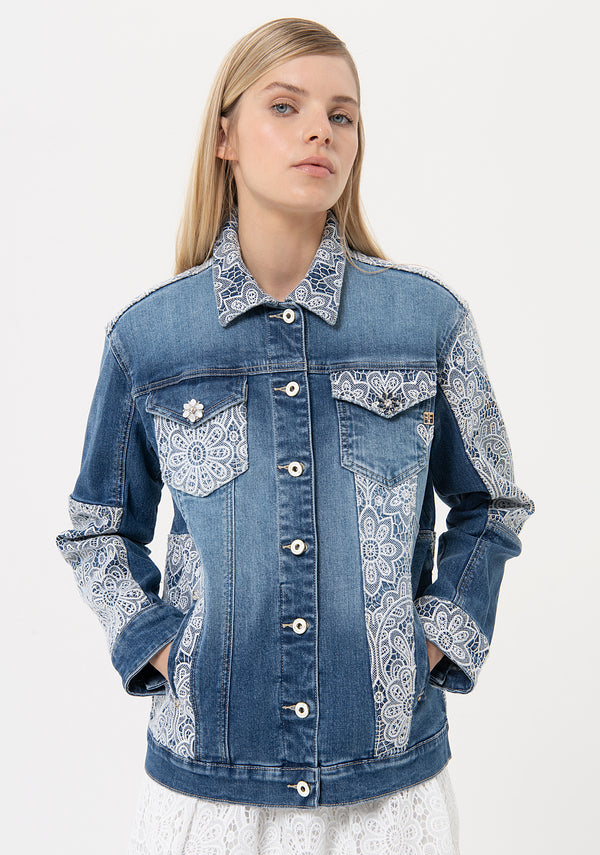Jacket over fit made in denim with middle wash and lace applications Fracomina FR24SJ4003D40102-349-1