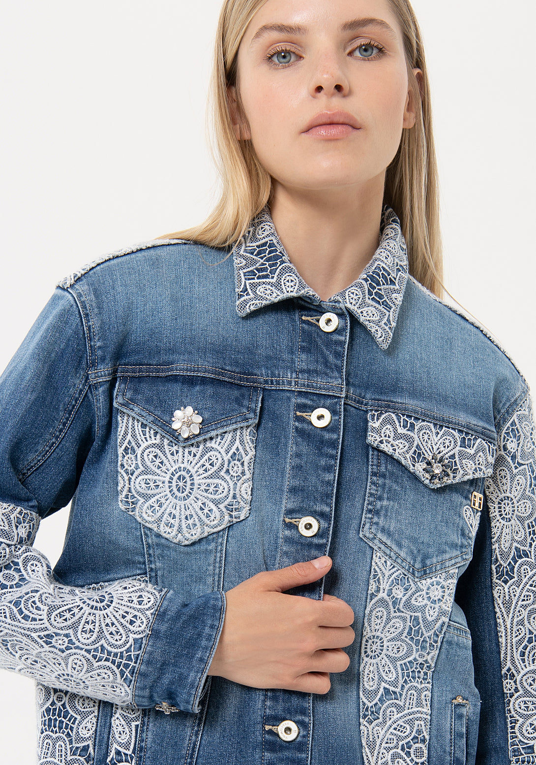 Jacket over fit made in denim with middle wash and lace applications Fracomina FR24SJ4003D40102-349-2