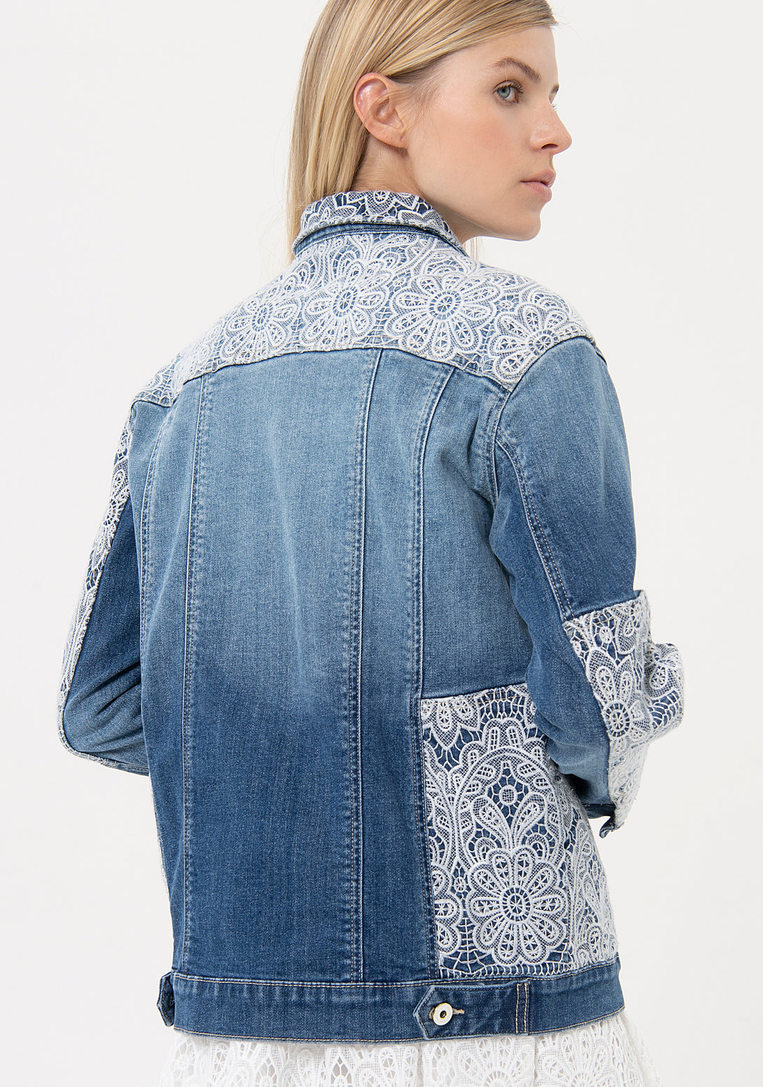 Jacket over fit made in denim with middle wash and lace applications Fracomina FR24SJ4003D40102-349-3